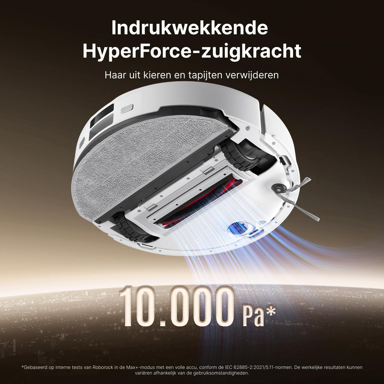 Witte robotstofzuiger. Het heeft 10.000 Pa zuigkracht. Toont reiniging met de weergegeven kracht.
