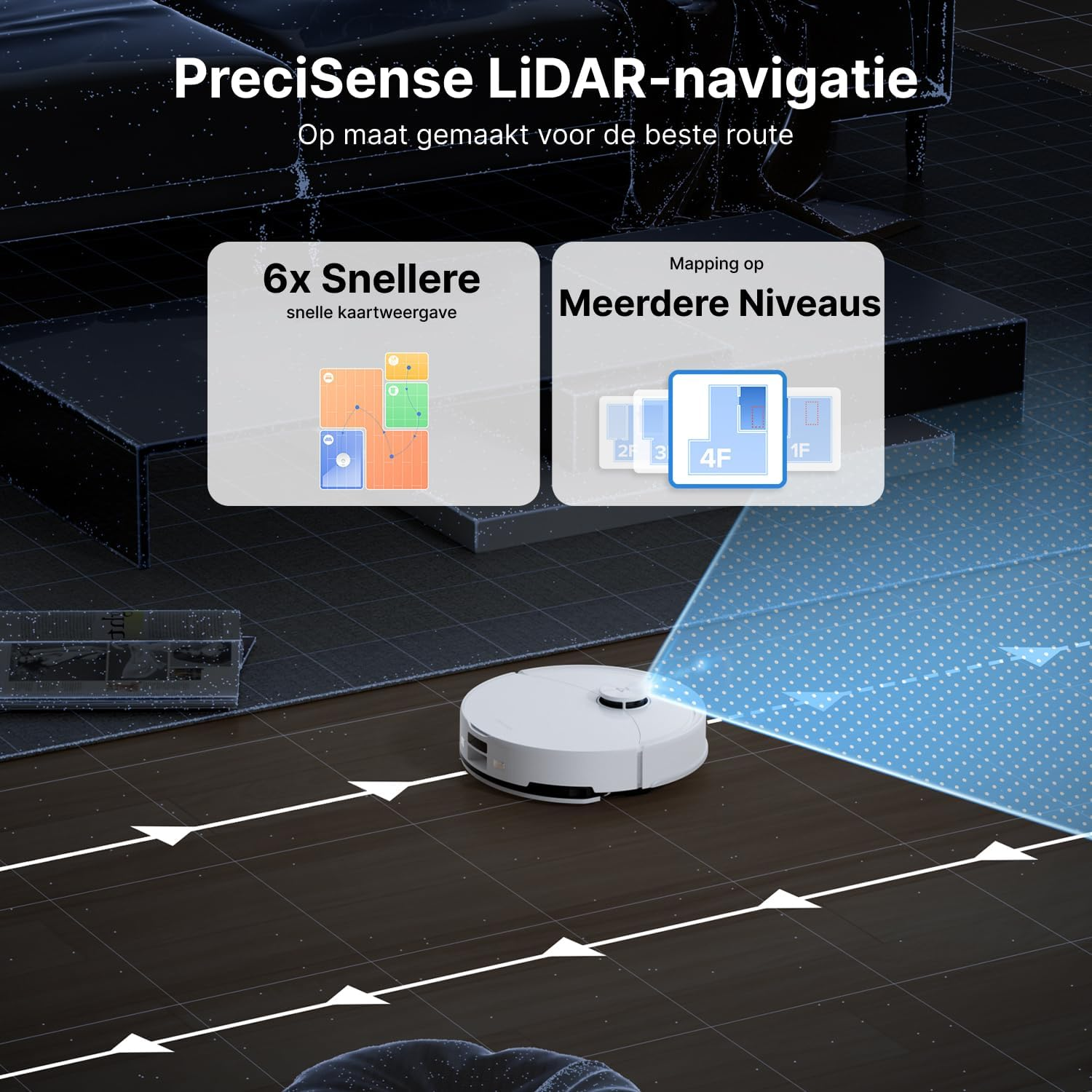 Witte robotstofzuiger. Toont multi-level mapping en snellere mapping. Biedt routeoptimalisatie.