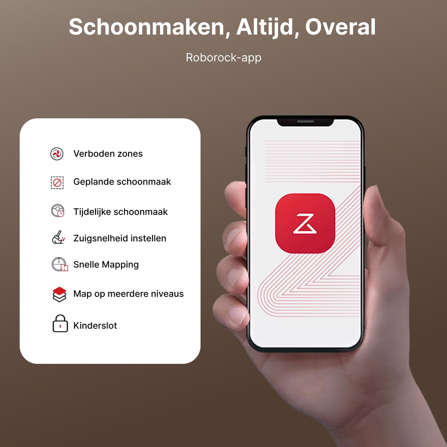 Hand die een smartphone met app-interface vasthoudt. Toont functies zoals verboden zones en gepland schoonmaken.