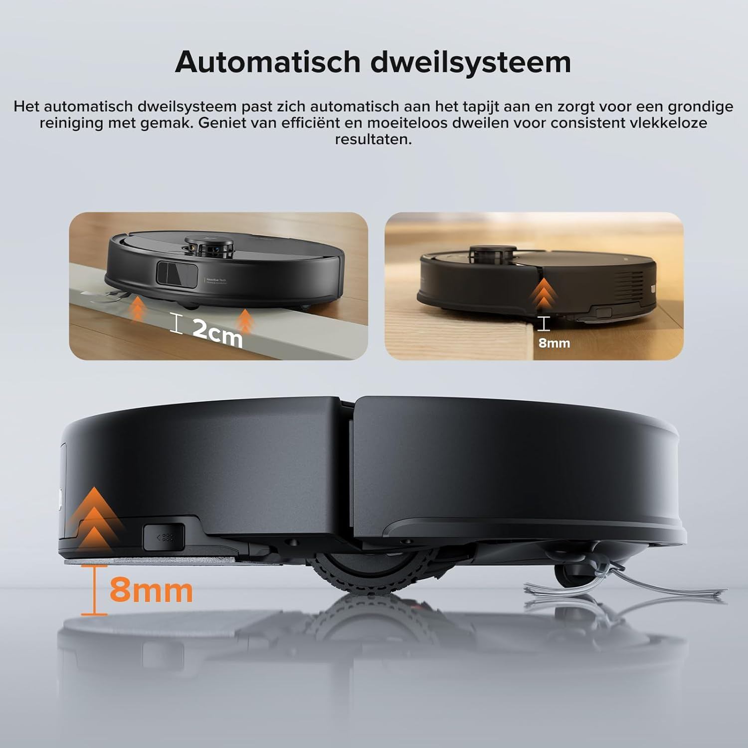 Schéma montrant le système de nettoyage automatique. Affiche les hauteurs de 2 cm et 8 mm pour franchir.