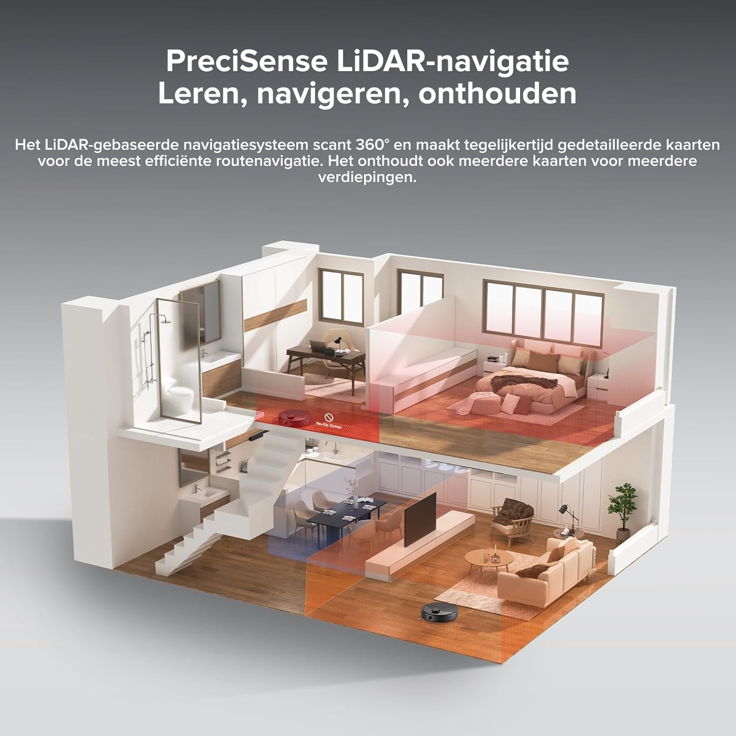 Modèle 3D d'une maison avec un aspirateur robot. Montre plusieurs pièces et zones de nettoyage.
