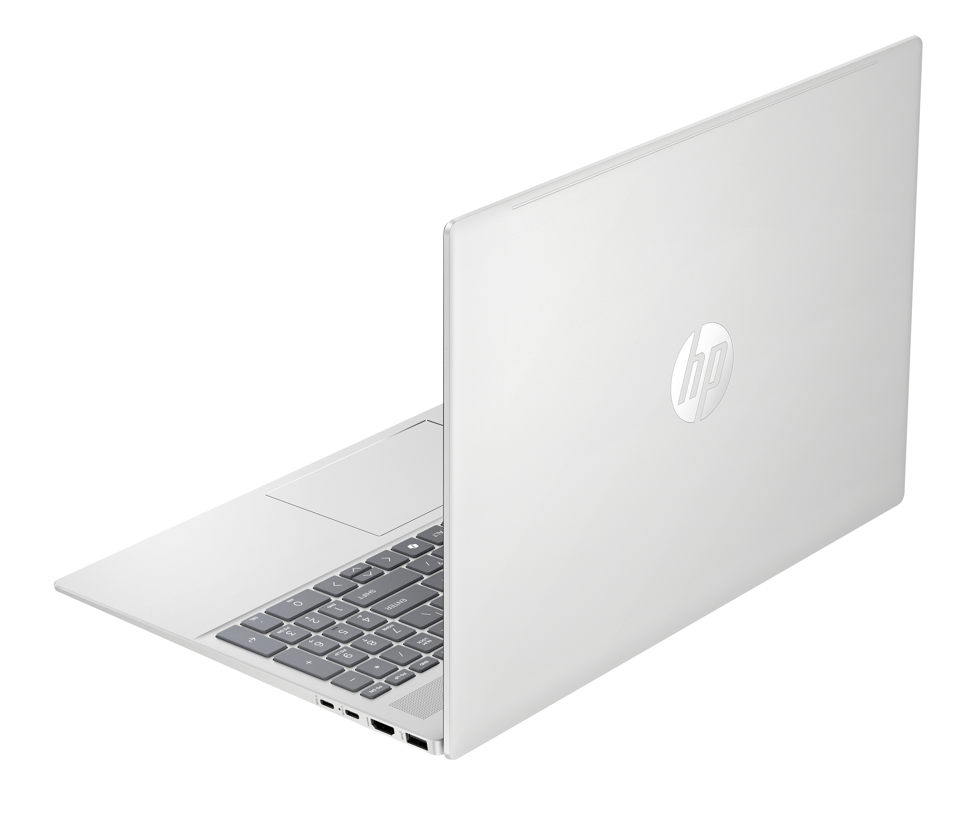 Una vista angolata di un laptop argentato che mostra la tastiera e la parte posteriore del dispositivo.