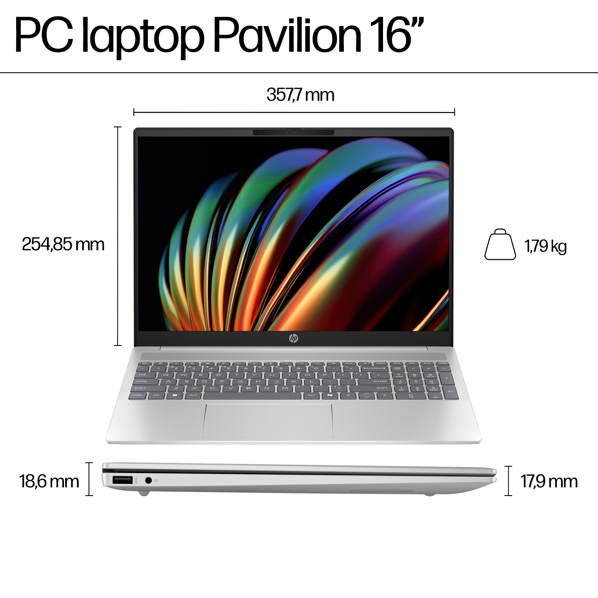 Un laptop argentato con dimensioni e informazioni sul peso è visualizzato su uno sfondo bianco.