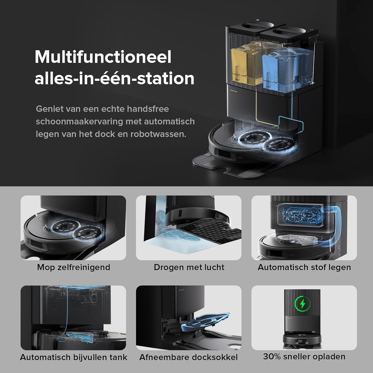 Un robot aspirateur avec une station multifonctionnelle, montrant les fonctions de nettoyage.
