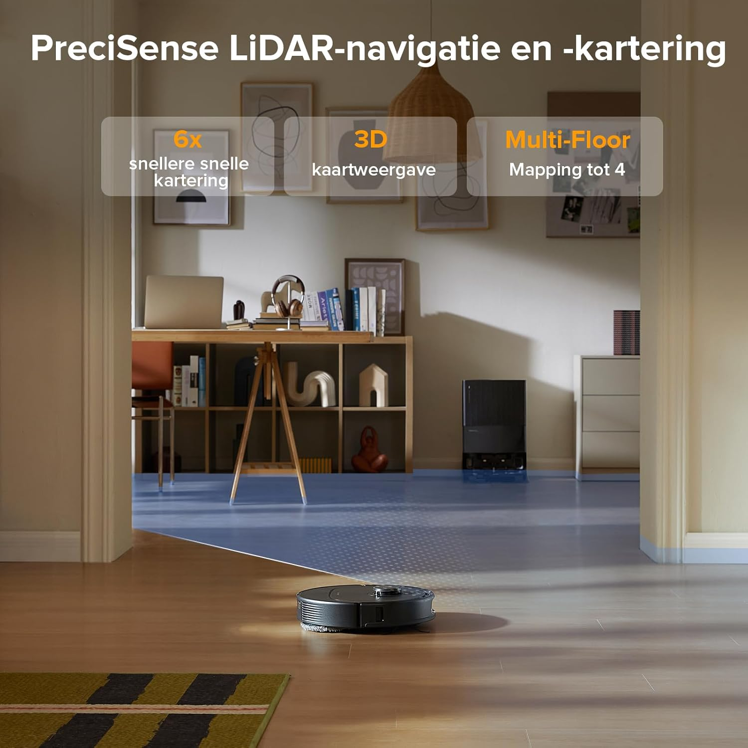 Un robot aspirateur navigue dans une pièce avec une carte, montrant la cartographie multi-étages.