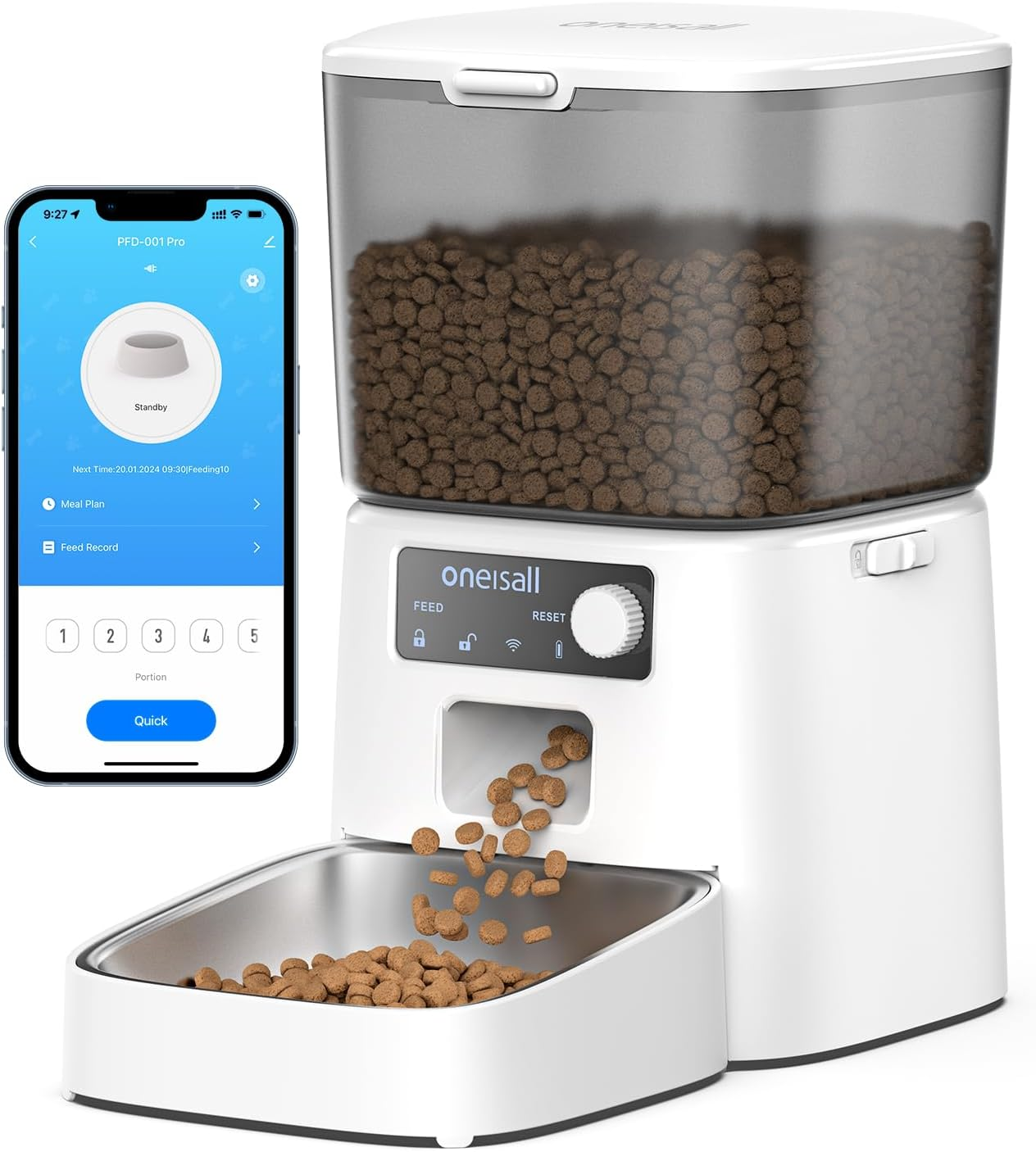 Biały karmnik dla zwierząt z telefonem pokazującym interfejs aplikacji i wydawaniem jedzenia do miski.