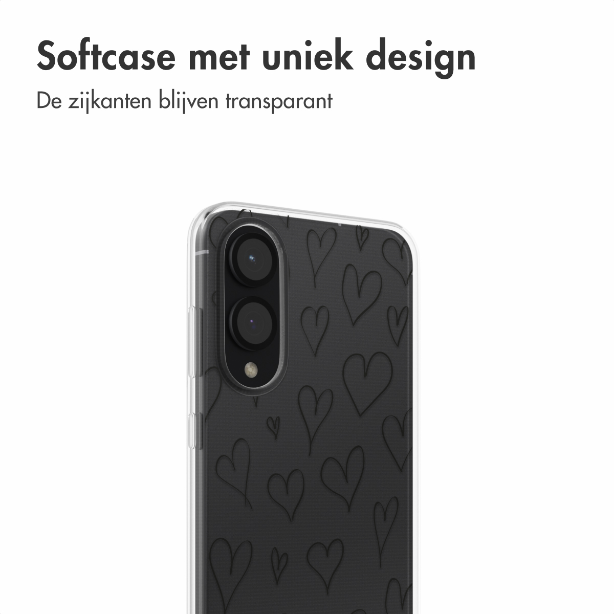 Een doorzichtige telefoonhoes met zwarte hartvormen op een witte achtergrond. De hoes zit over een zwarte telefoon.