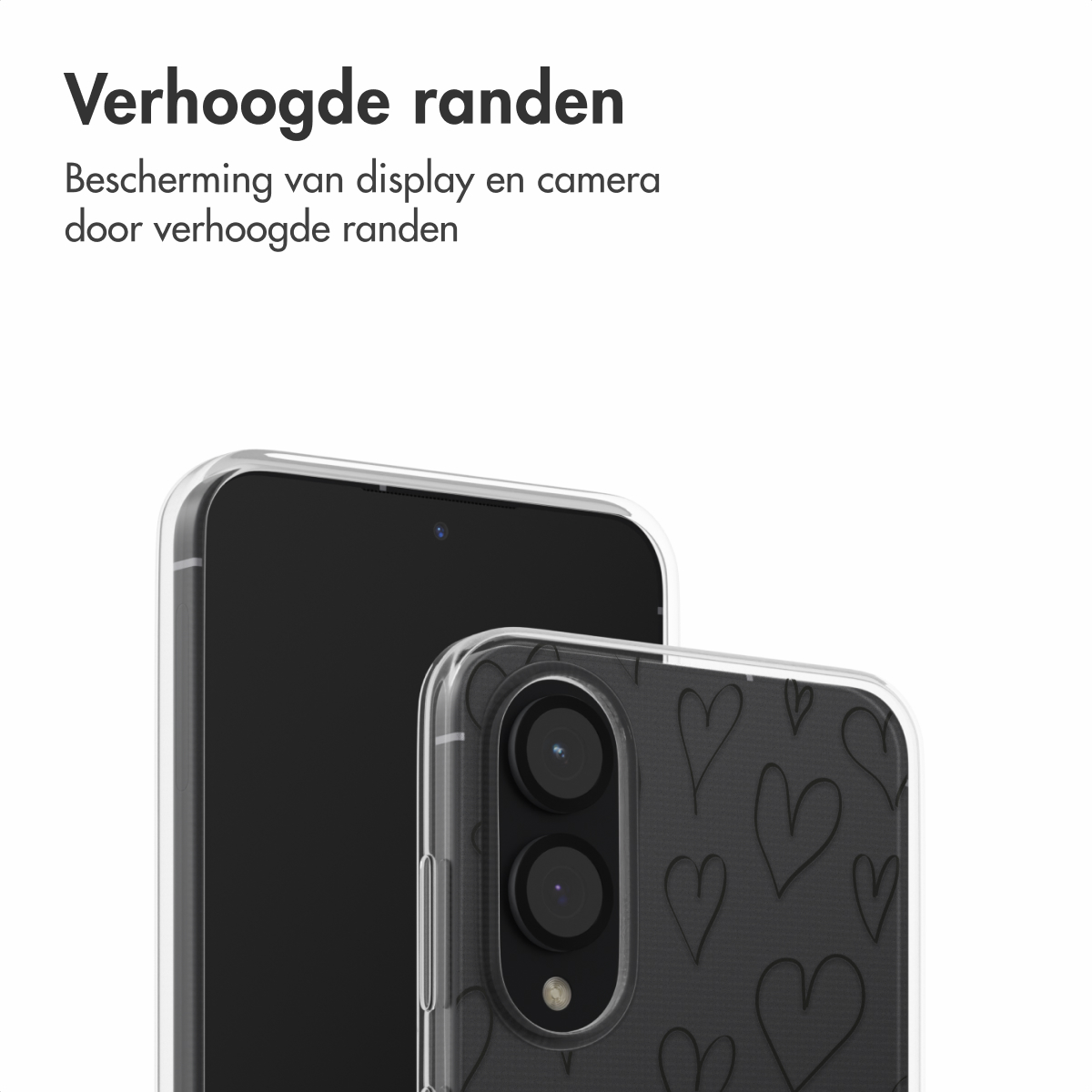 Een telefoon naast een telefoonhoesje met harten, met de tekst 'Verhoogde randen'.