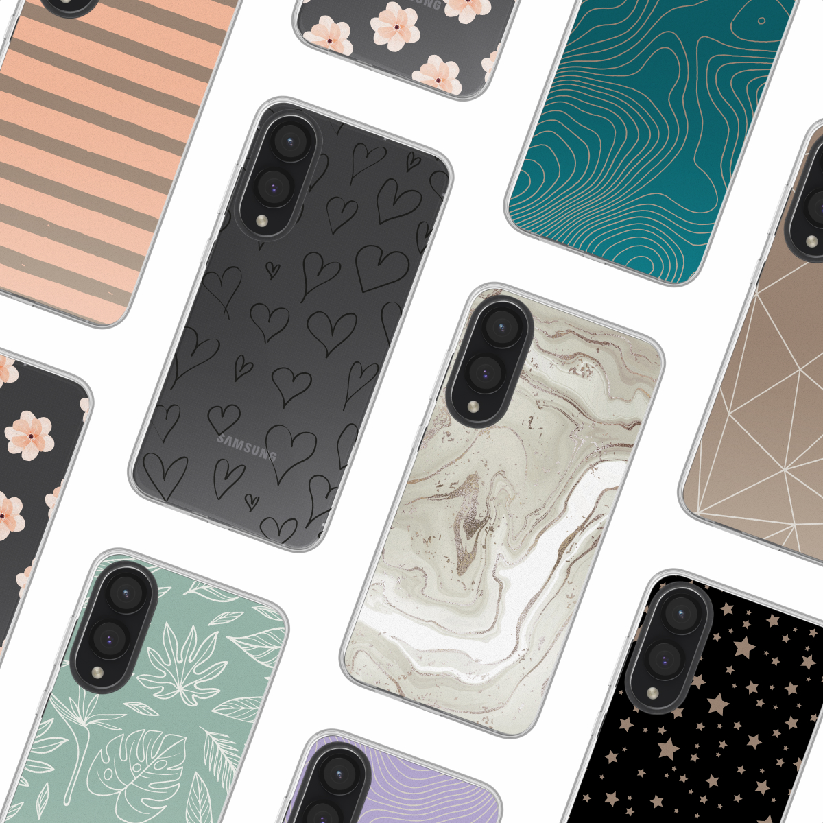 Verschillende telefoonhoesjes, elk met een uniek ontwerp, worden weergegeven. Patronen zijn onder meer bloemen, harten en abstracte ontwerpen.