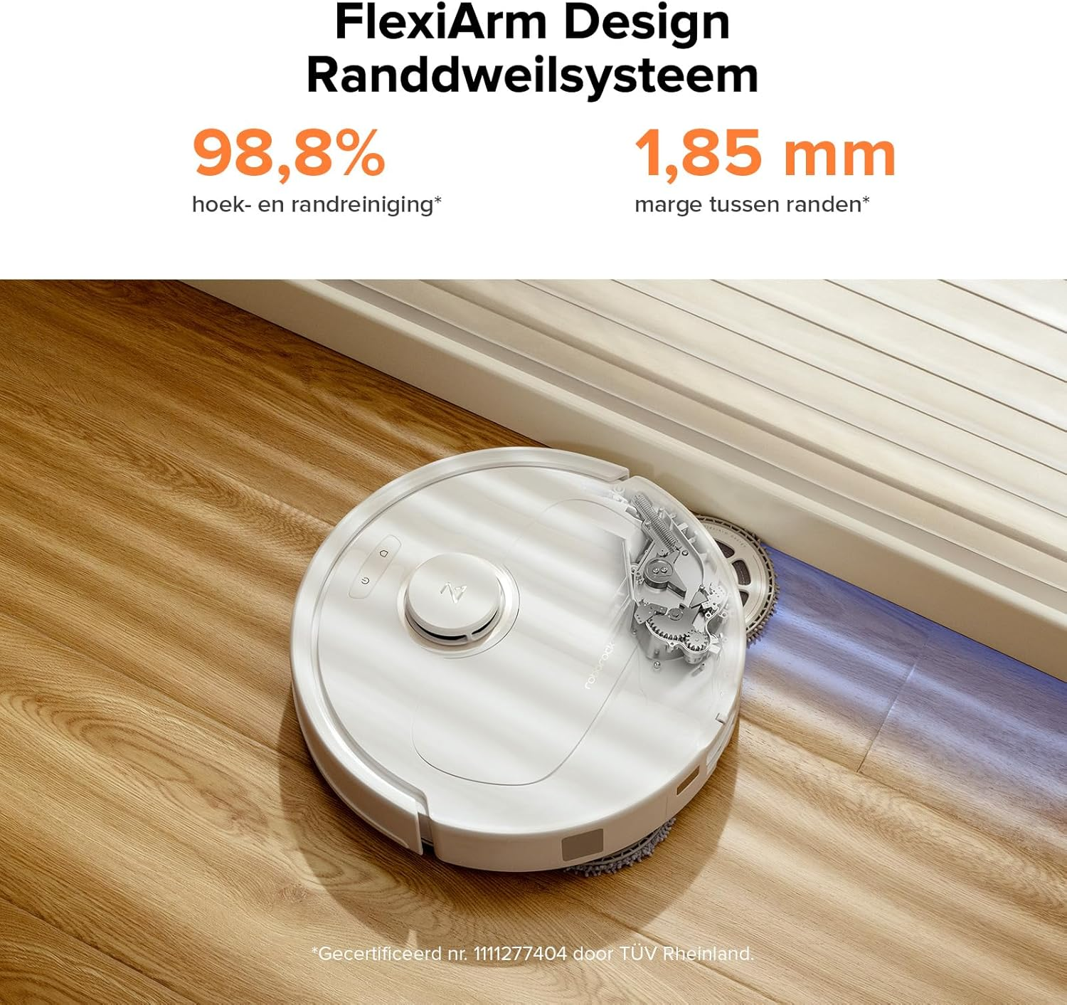 Un robot aspirateur blanc nettoyant un sol en bois, avec du texte en néerlandais.