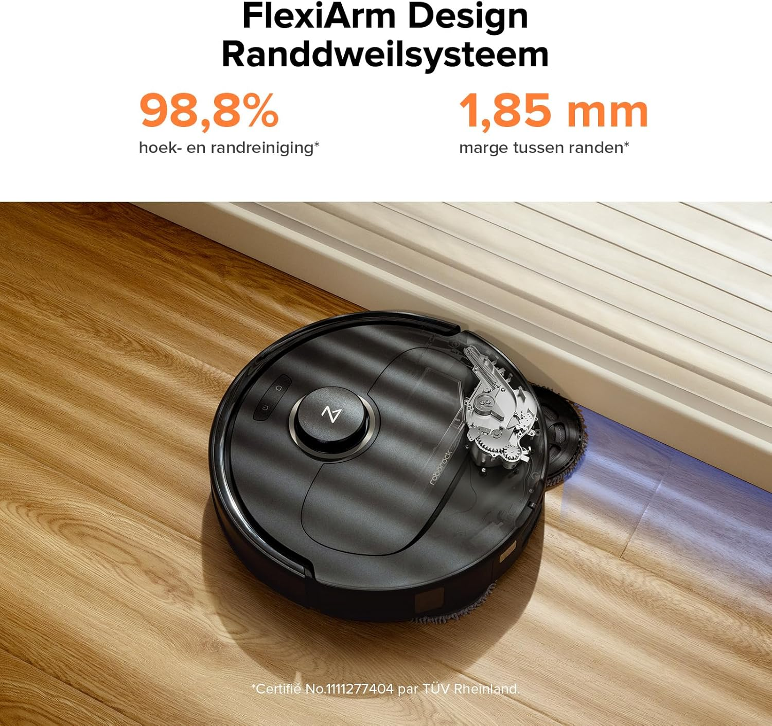 Un robot aspirateur noir nettoyant un sol en bois, avec du texte en néerlandais.