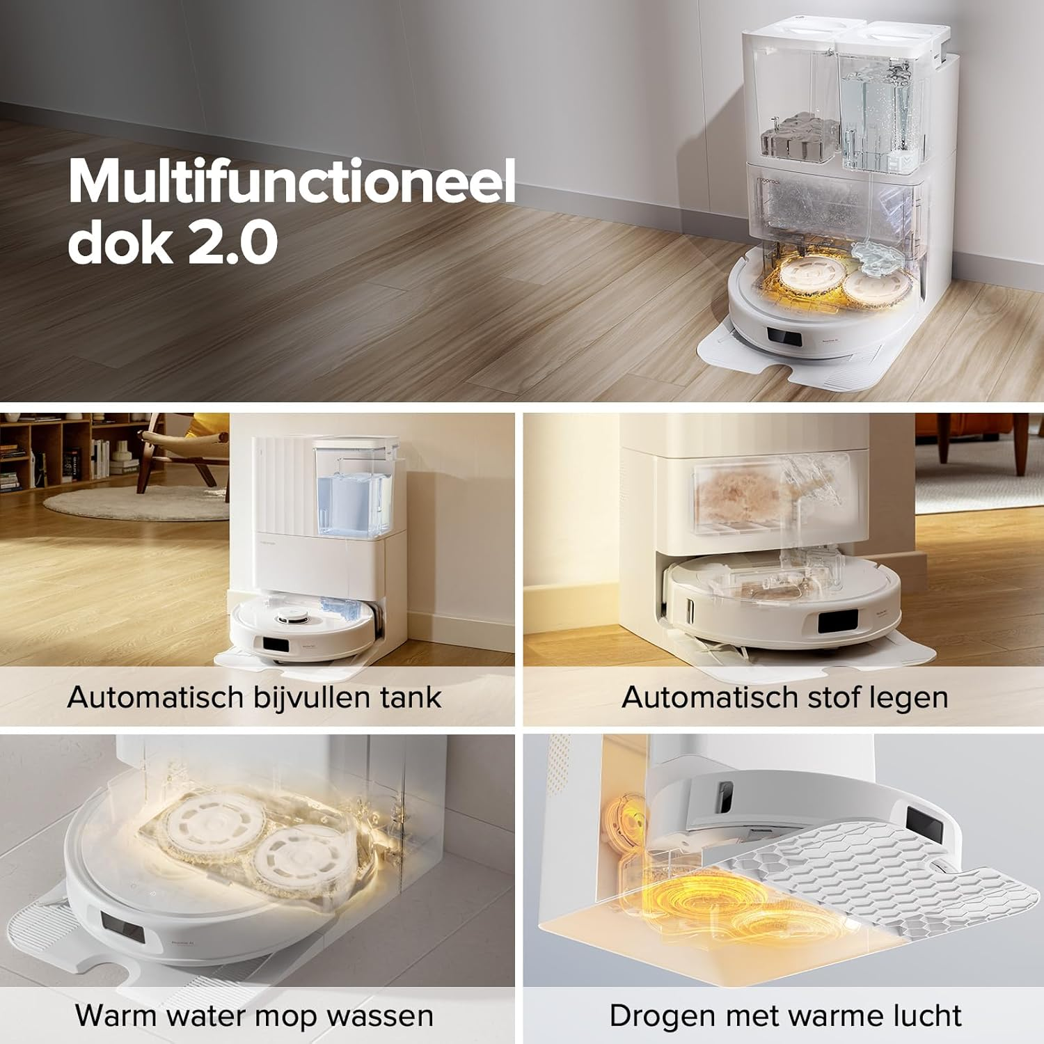 Un robot aspirateur blanc avec une station d'accueil, avec du texte en néerlandais.