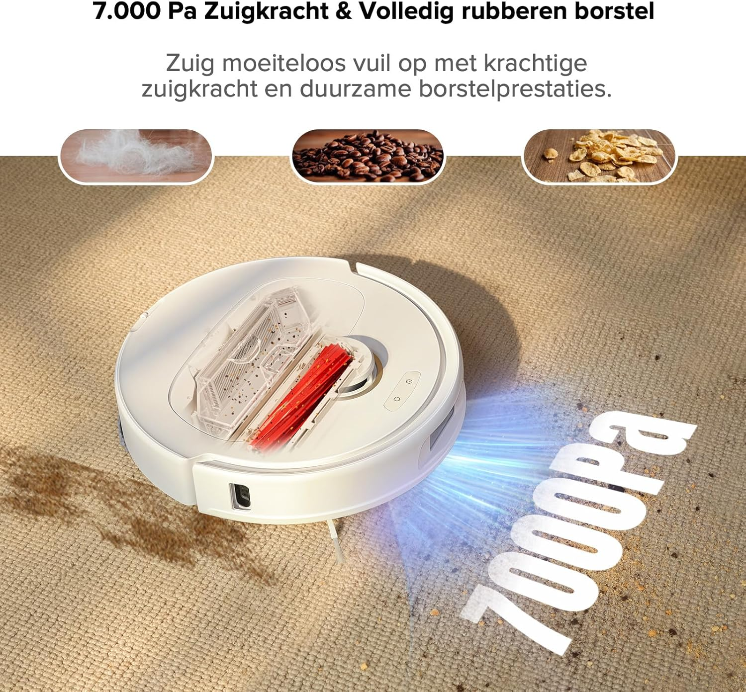 Un robot aspirateur blanc sur un tapis, avec du texte en néerlandais.