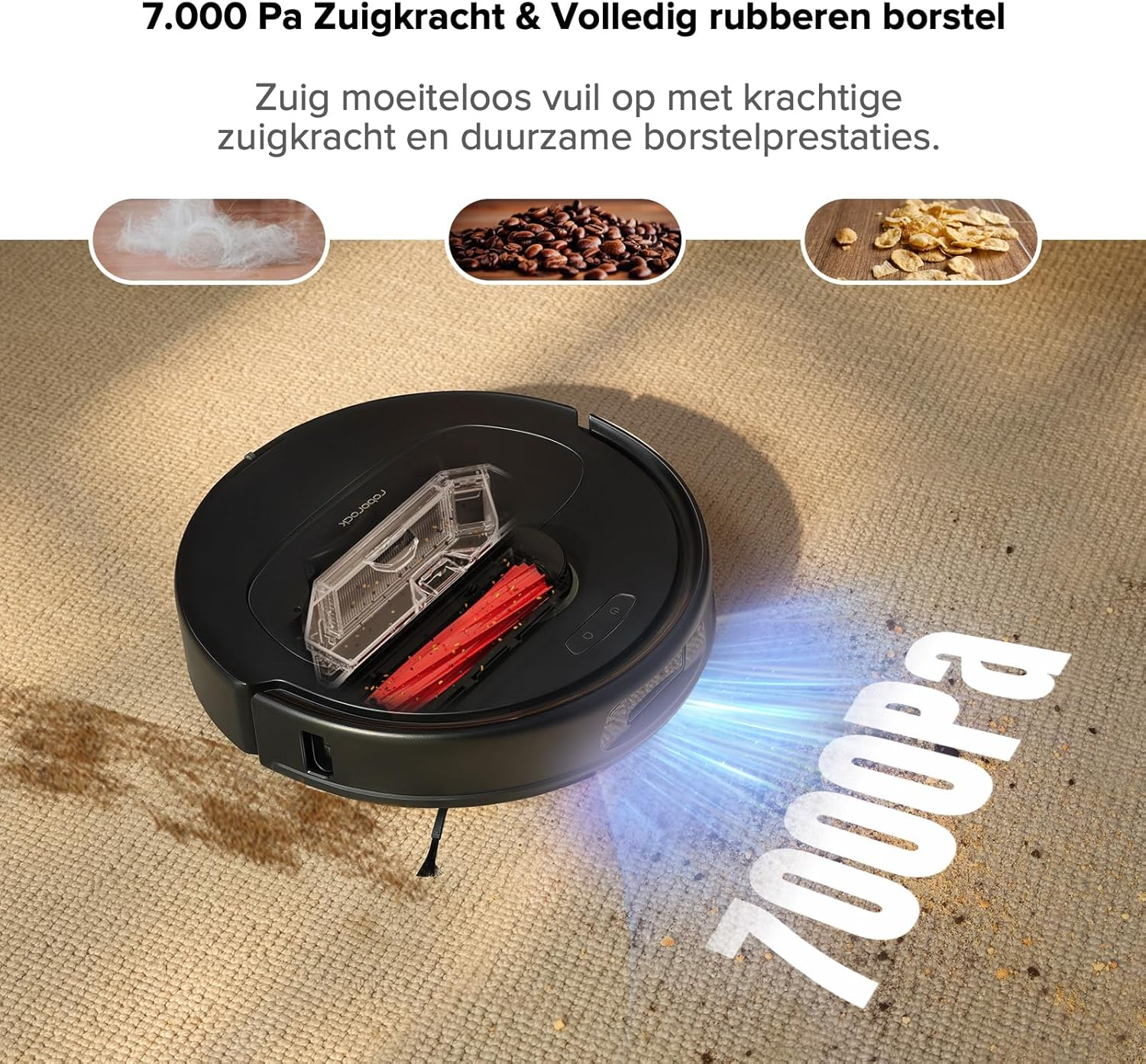 Un robot aspirateur noir sur un tapis, avec du texte en néerlandais.