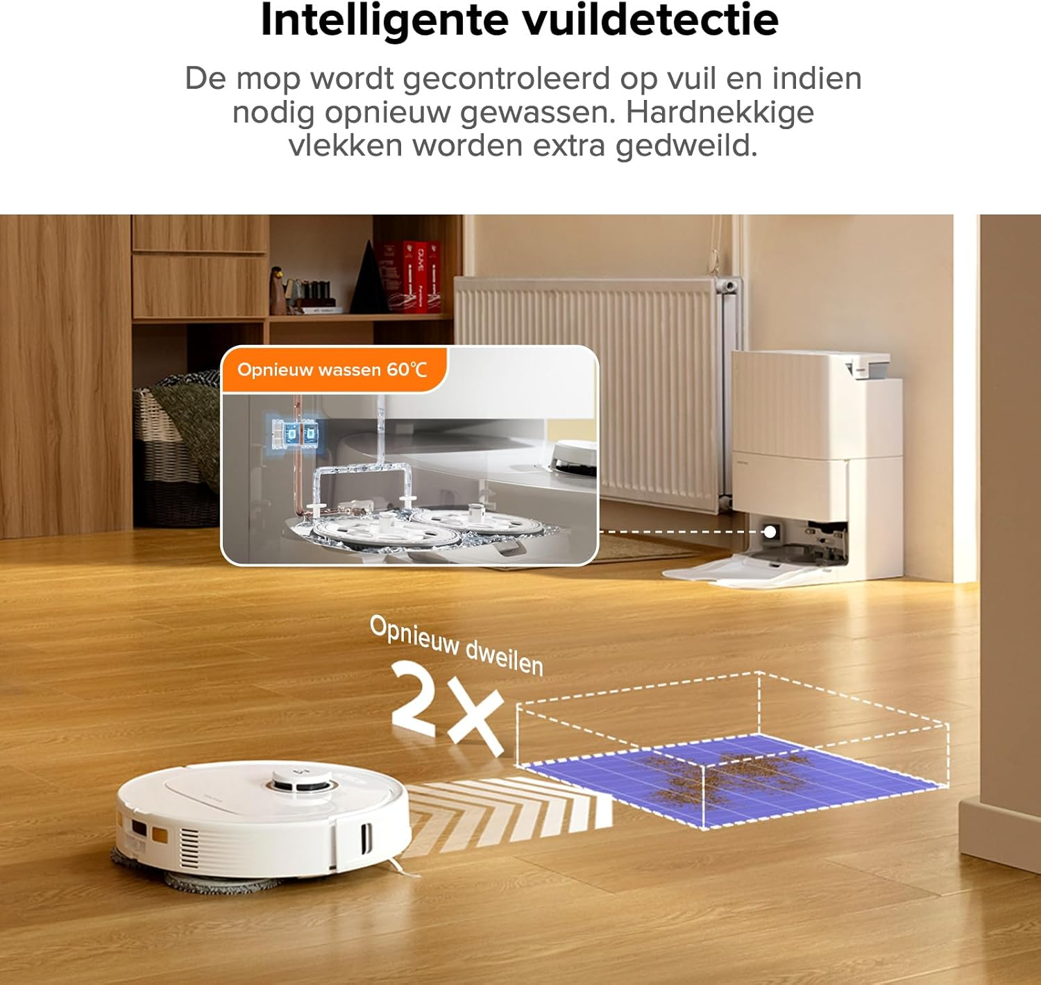 Un aspirateur robot avec une base de nettoyage, présenté avec un diagramme des fonctions de nettoyage et de lavage.