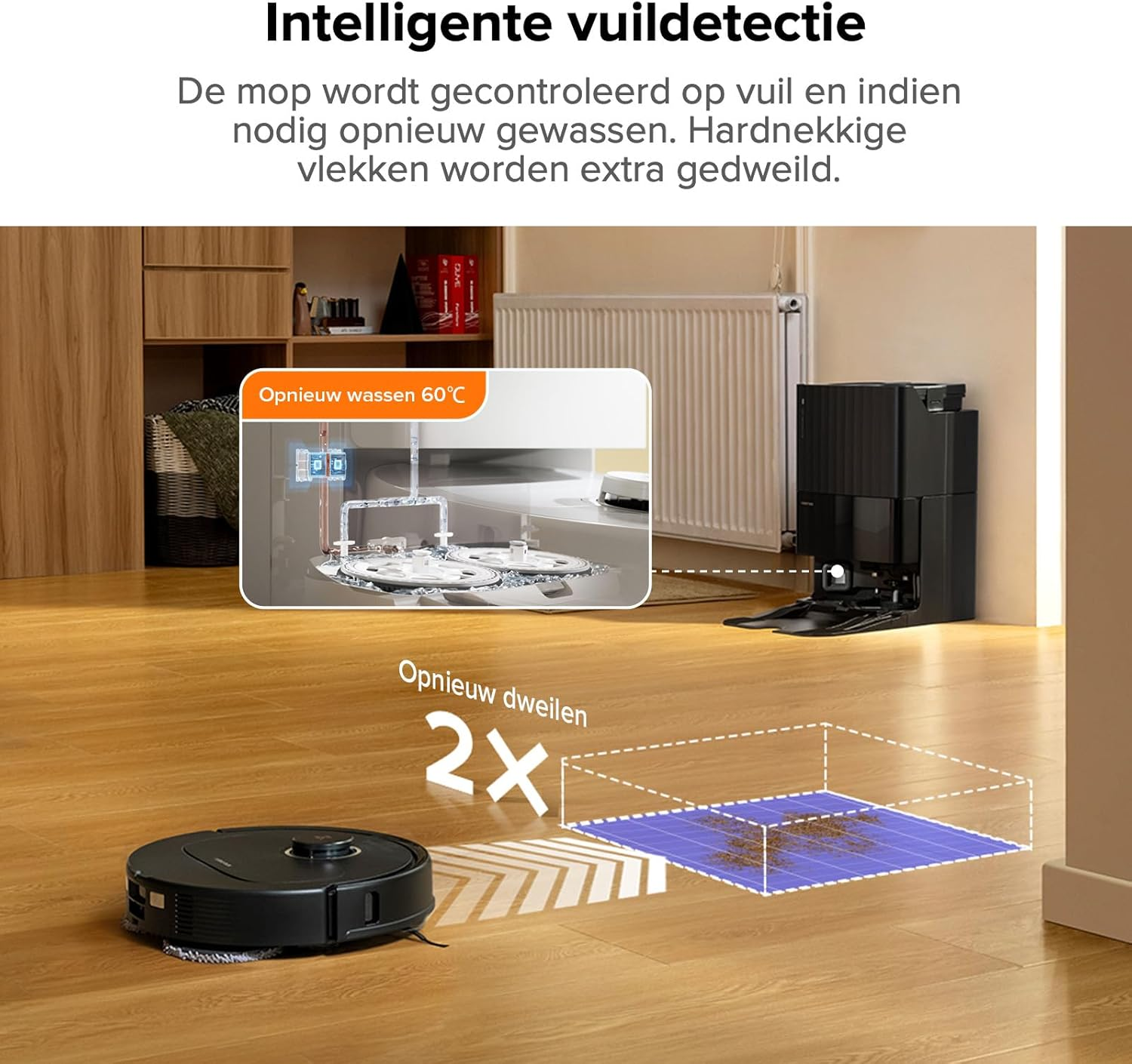 Un robot aspirateur noir nettoyant un sol en bois, avec une station d'accueil.