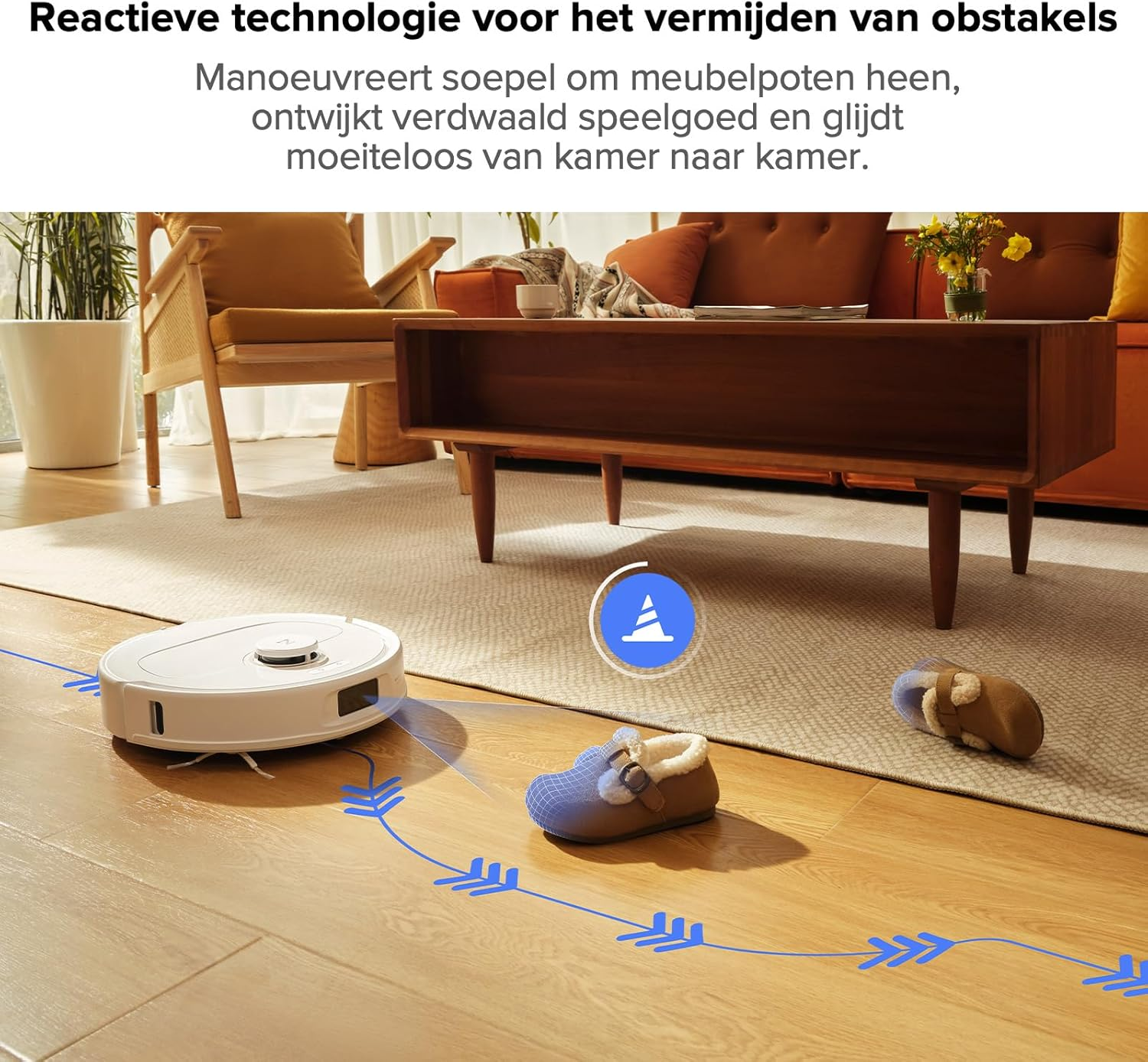 Un robot aspirateur blanc naviguant autour d'obstacles sur un sol en bois.