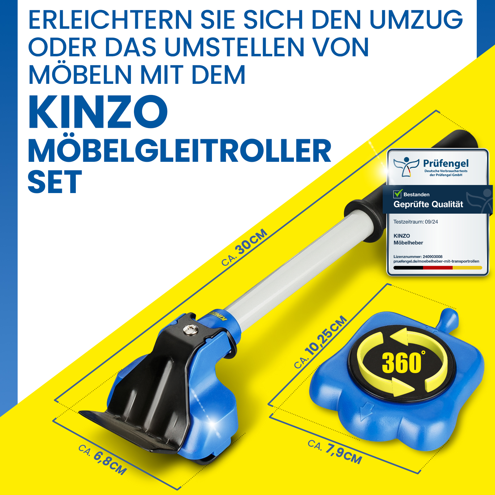Kinzo Möbeltransport-Set mit Abmessungen und Gütesiegel.