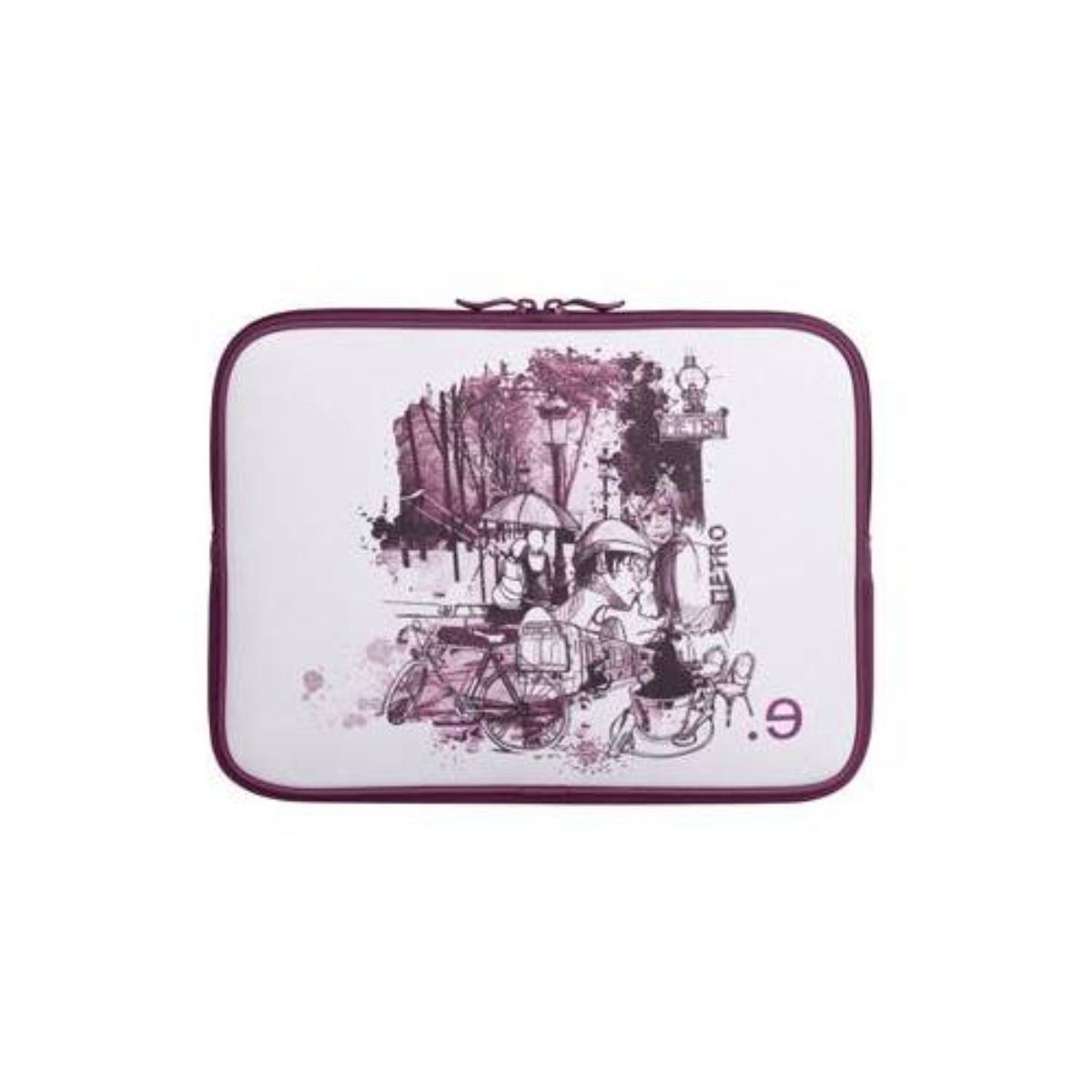 Eine Laptop-Hülle mit einer Pariser Szene in Lila und Weiß mit Fahrrad und Personen.