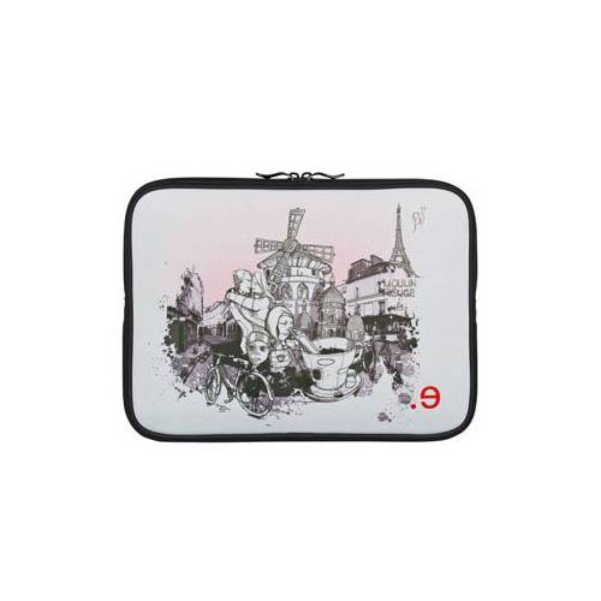 Eine Laptop-Hülle mit einer Pariser Szene mit Eiffelturm und Moulin Rouge.