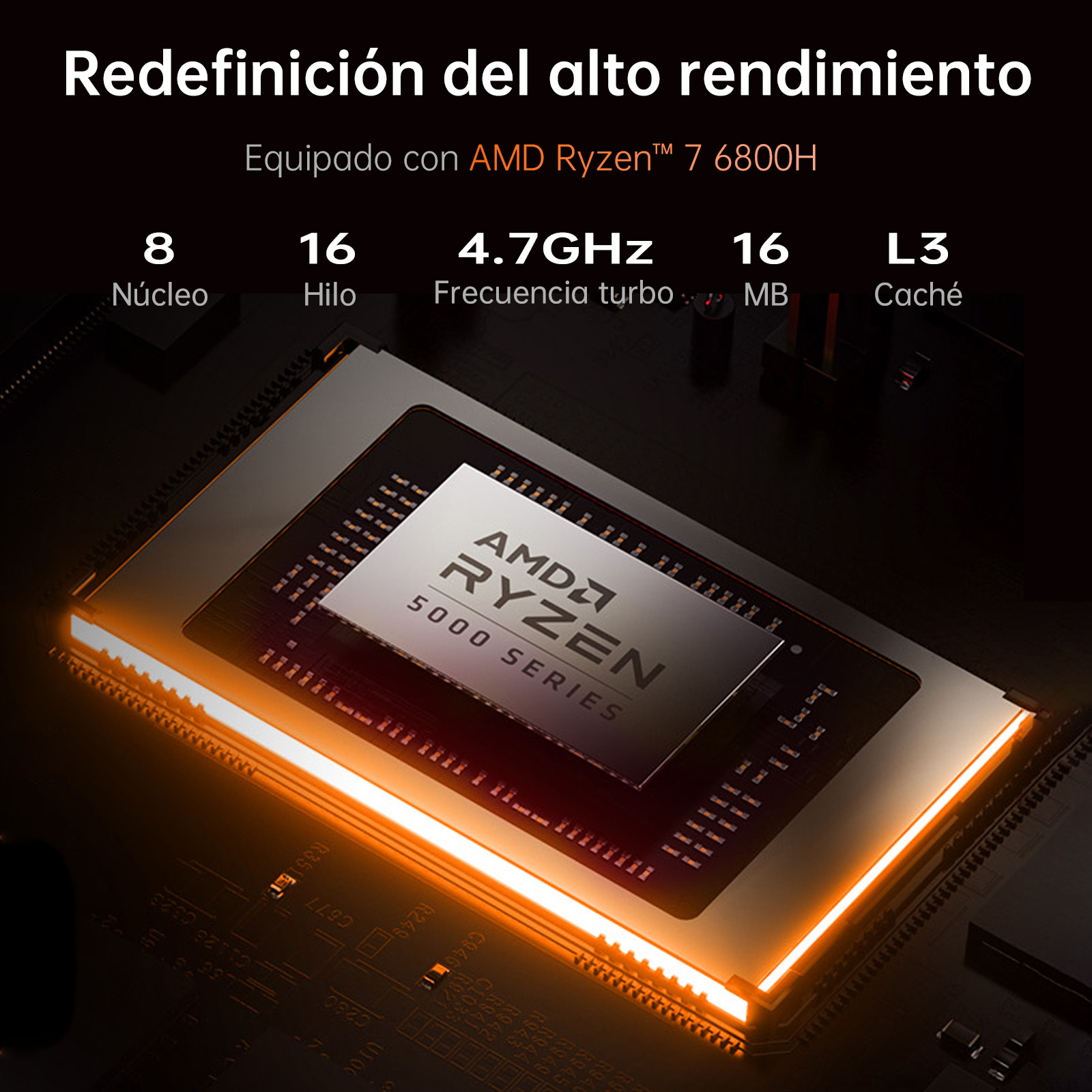 Procesador AMD Ryzen, con superposición de texto que detalla Ryzen 7 6800H, 8 núcleos, 16 hilos, 4.7GHz, 16MB caché.