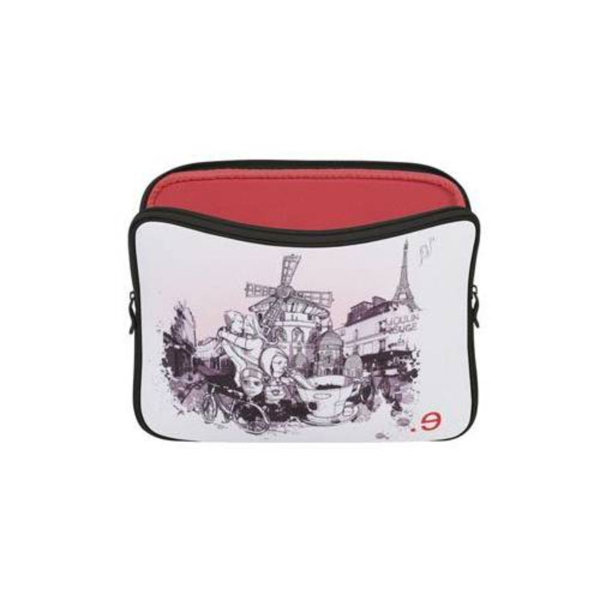 Eine offene Laptop-Hülle mit einer Pariser Szene mit Eiffelturm und Moulin Rouge.