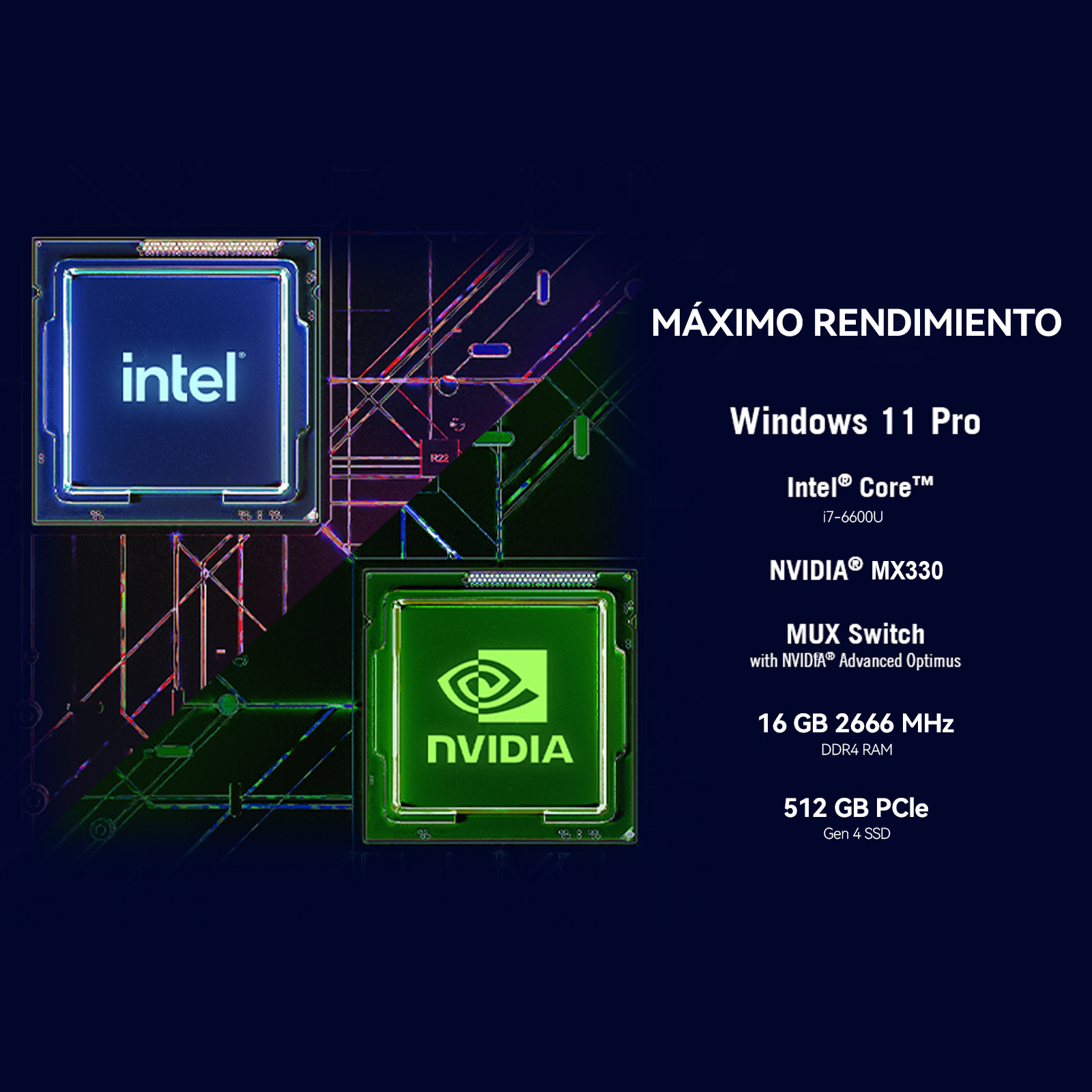 Imagen muestra procesadores Intel y Nvidia con especificaciones. Texto: Windows 11 Pro, Intel Core i7, NVIDIA MX330.