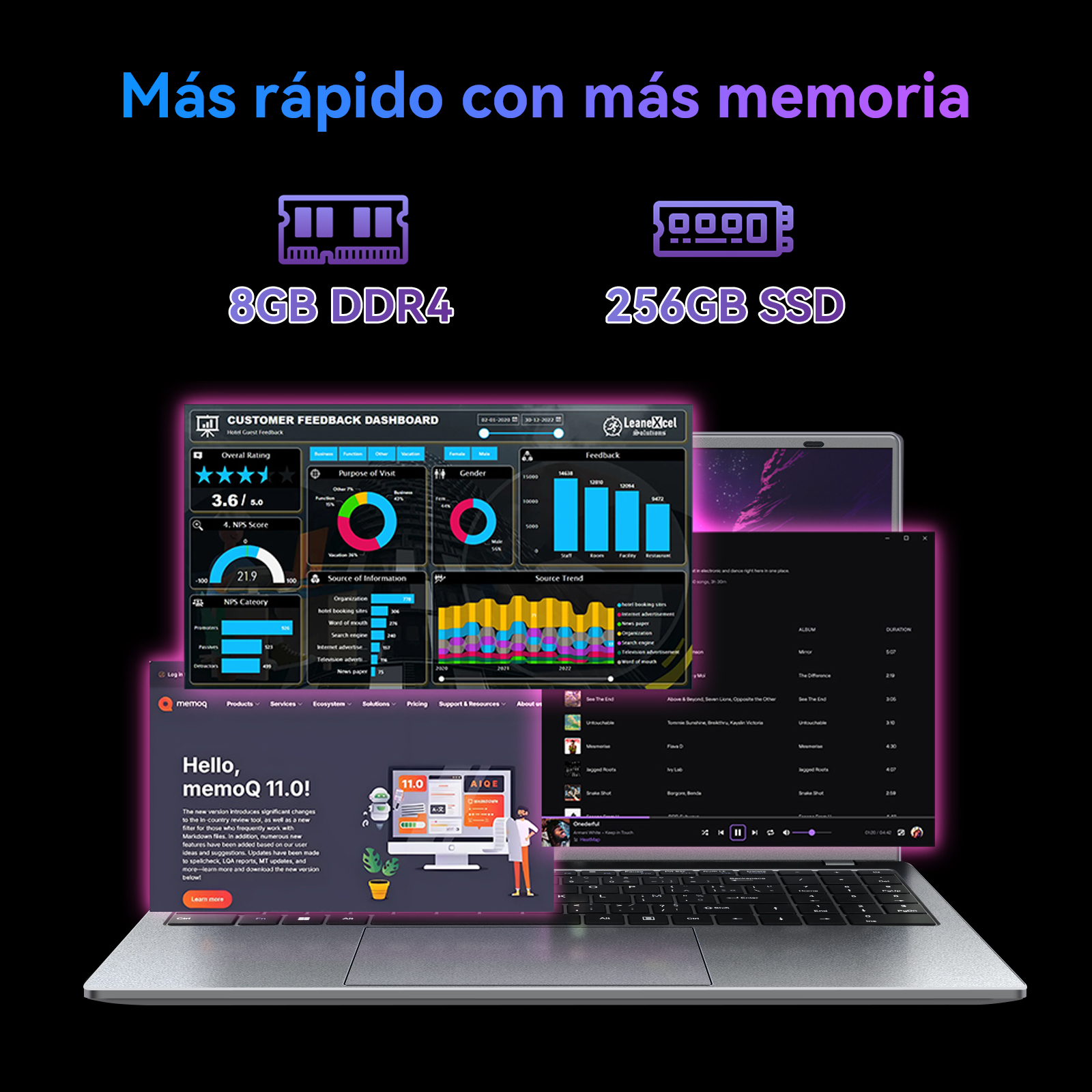 Pantalla de portátil muestra panel de comentarios. Texto: 8GB DDR4, 256GB SSD. Fondo: azul oscuro.
