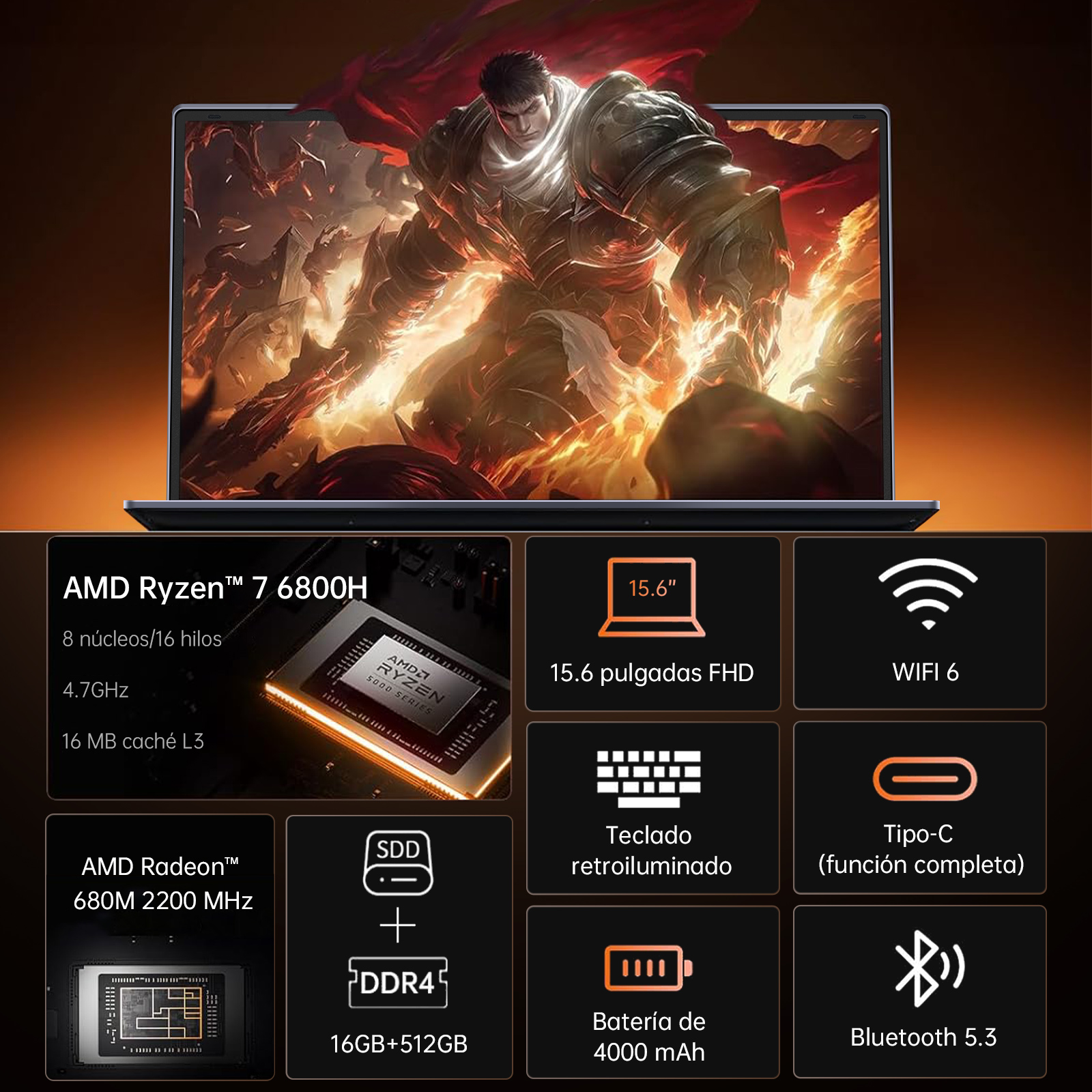 Un portátil con especificaciones mostradas, incluyendo un procesador AMD Ryzen 7 6800H y pantalla FHD de 15,6 pulgadas.