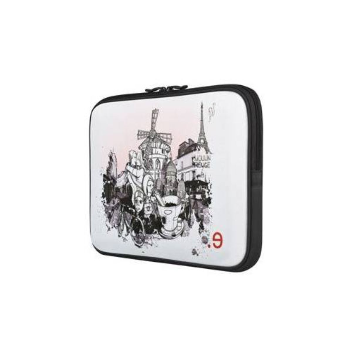 Laptoptasche mit Paris-Grafik, schwarzem Rand und Reißverschluss. Grafik: Eiffelturm, Windmühle und Gebäude.
