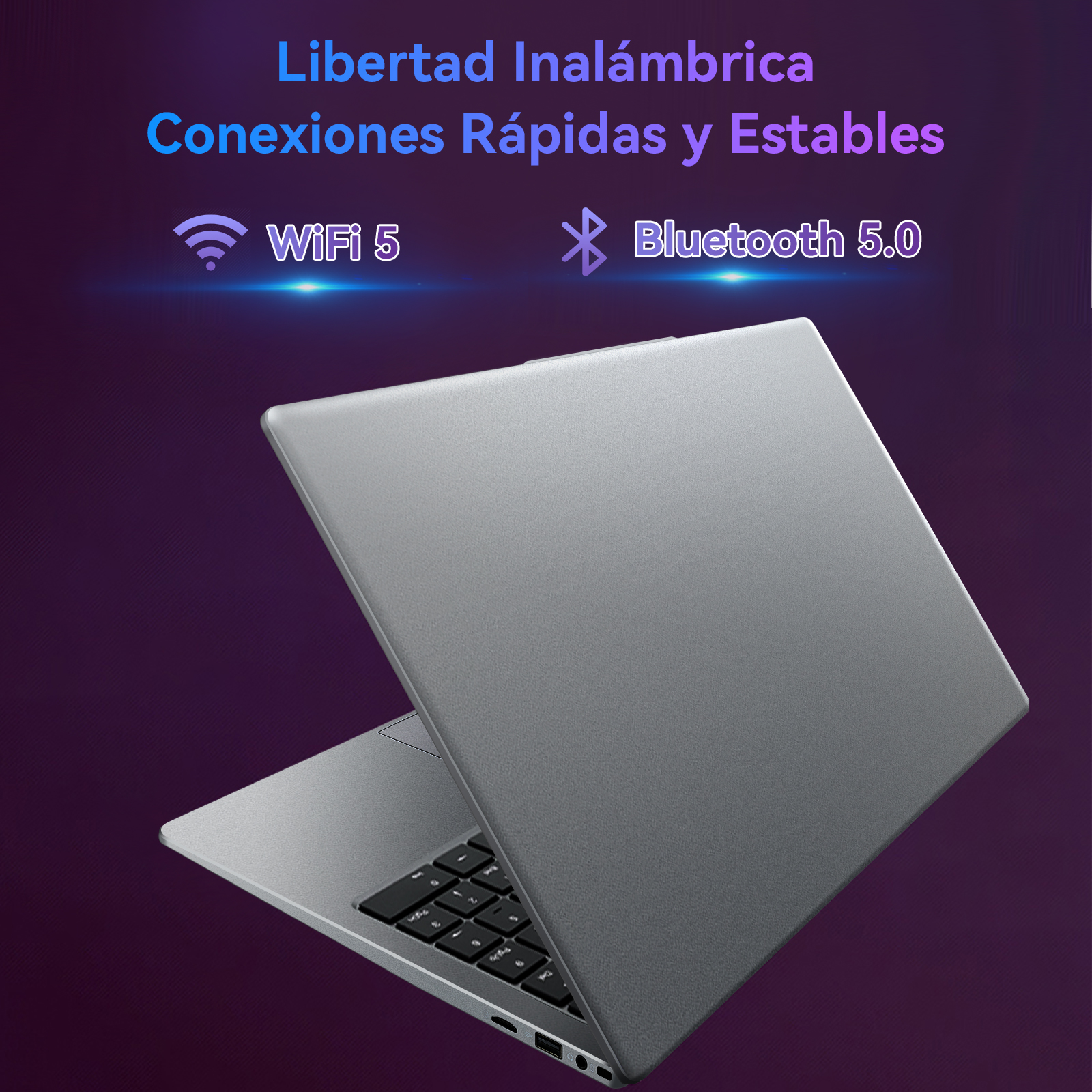 Ordenador portátil con iconos WiFi 5 y Bluetooth 5.0. Fondo: degradado de azul claro a morado. El portátil es gris.