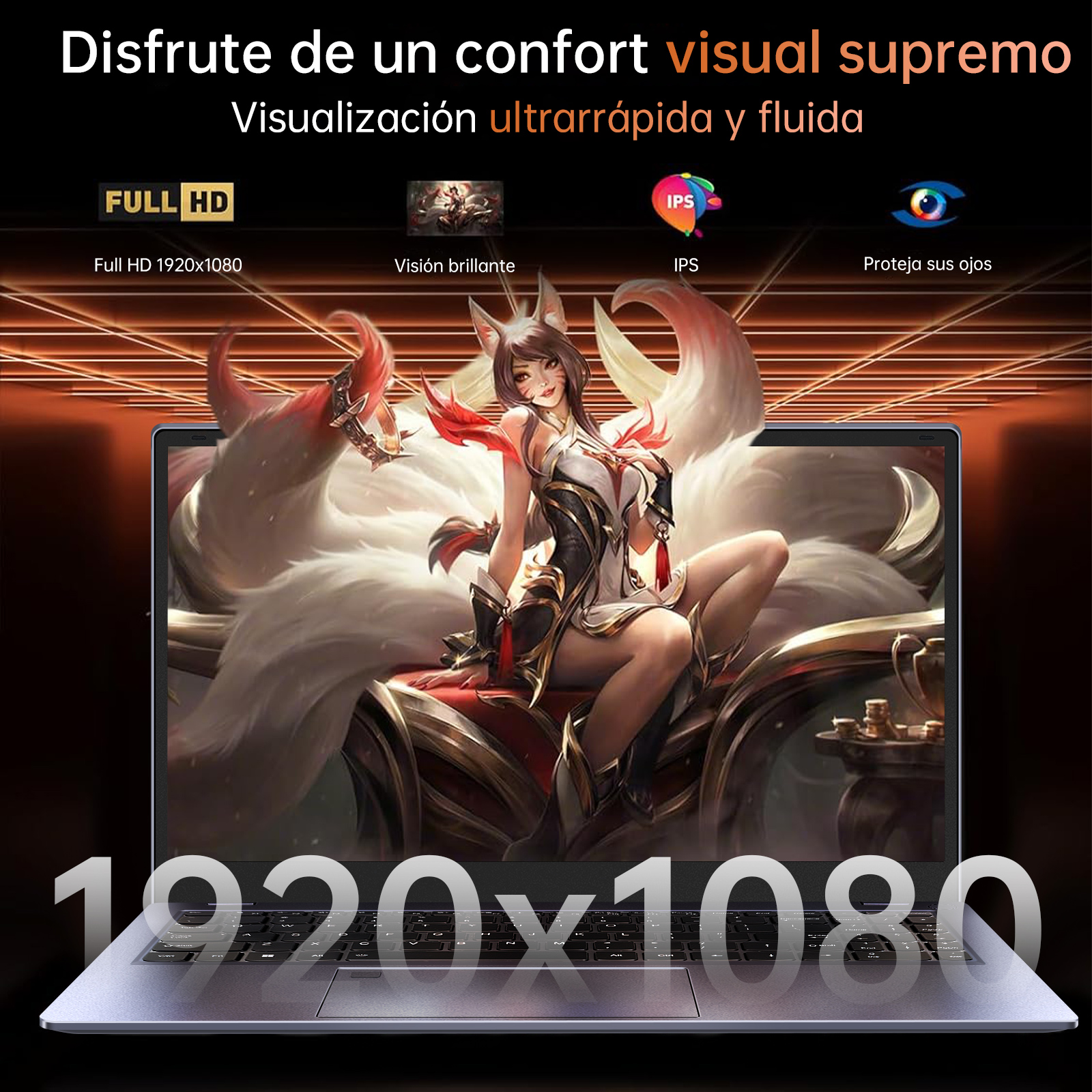 Portátil con chica anime en pantalla. Texto: Full HD, IPS. Fondo: chica anime con orejas y colas de zorro.