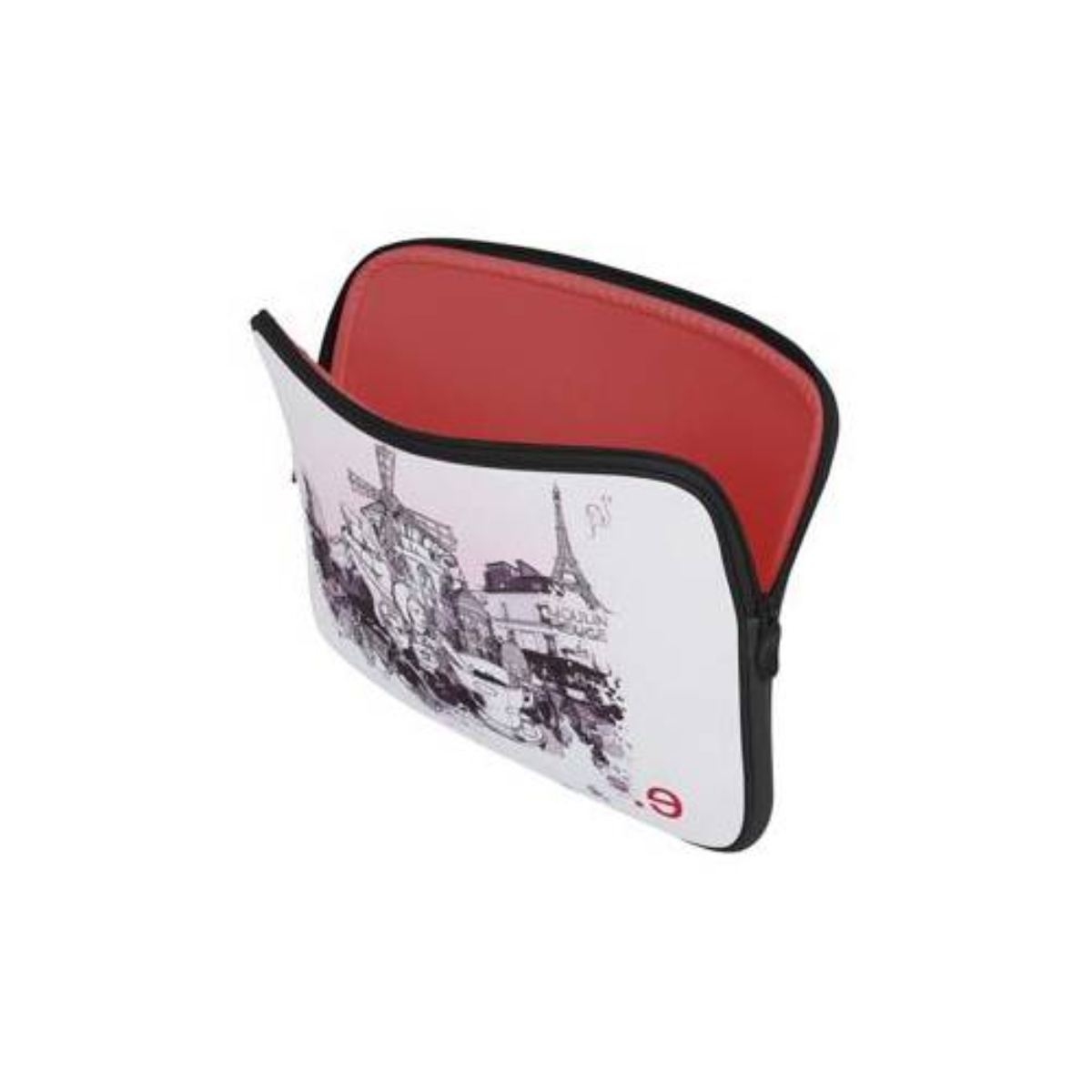 Laptoptasche, Paris-Thema, geöffnet, um roten Innenraum zu zeigen. Grafik: Eiffelturm und Windmühle.