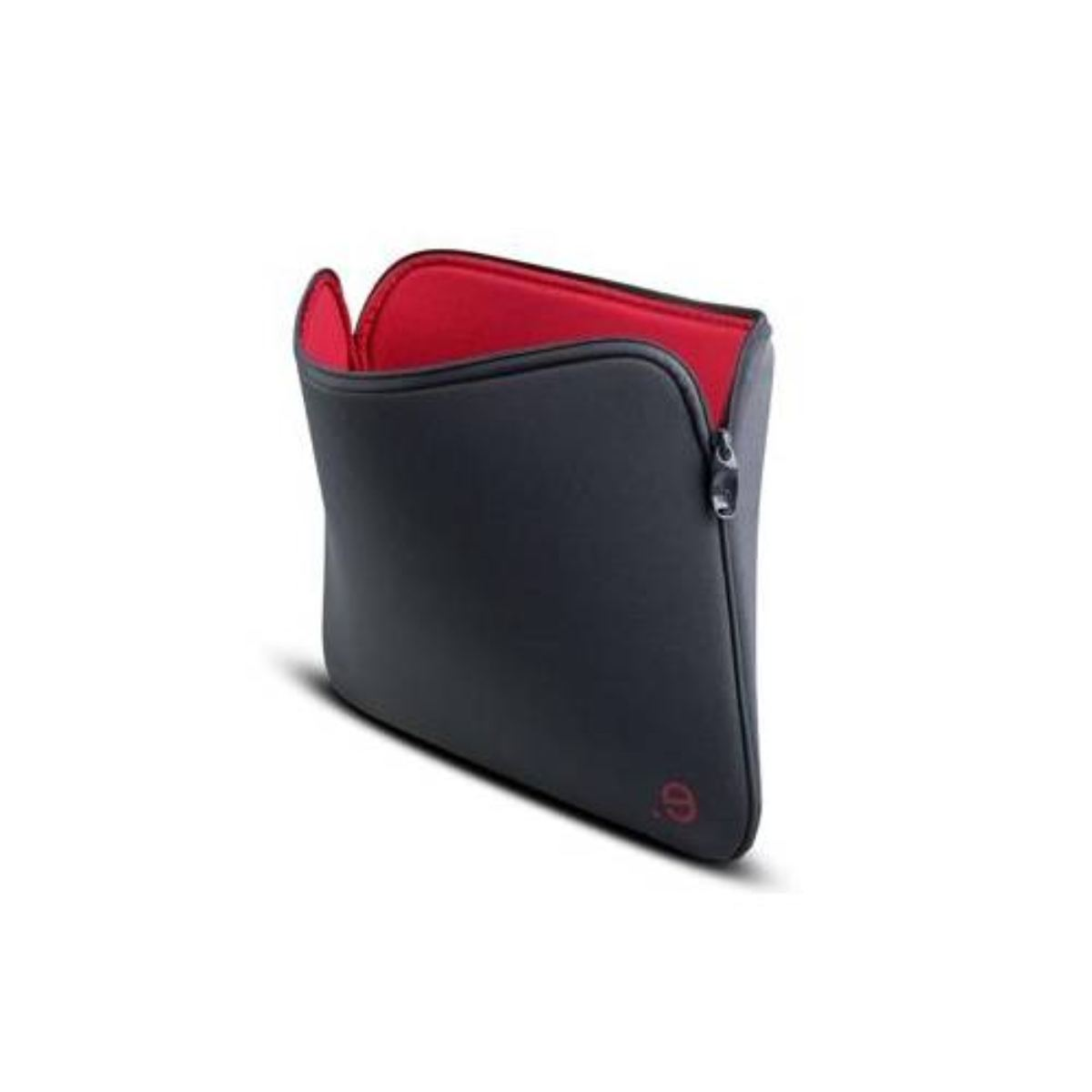 Eine offene Laptop-Hülle, die einen roten Innenraum zeigt.