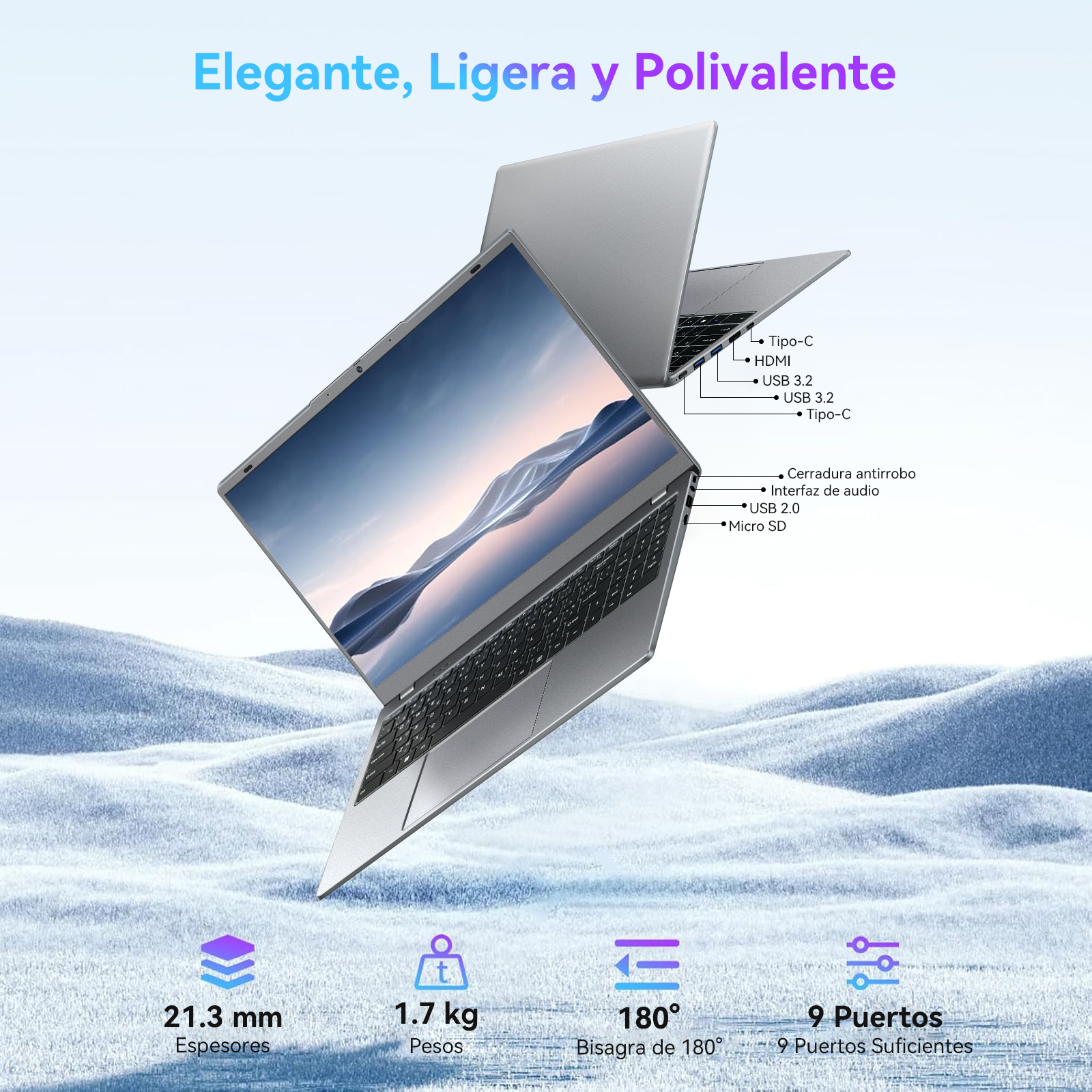 Tres portátiles dispuestos en una composición dinámica sobre un fondo azul claro texturizado.