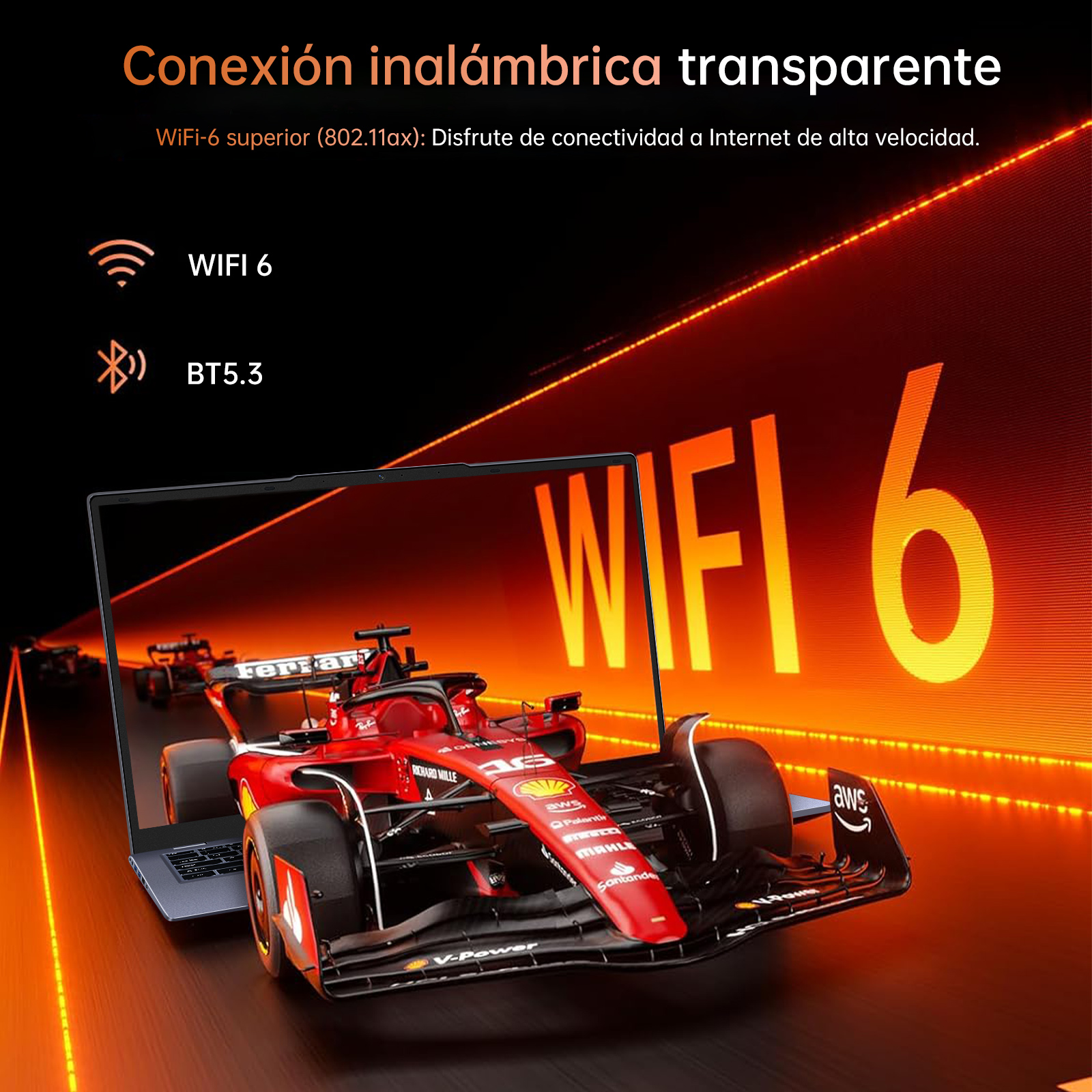 Pantalla de portátil mostrando un coche de carreras. Texto: Wifi 6. Fondo: degradado rojo y naranja. Coche de carreras al fondo.