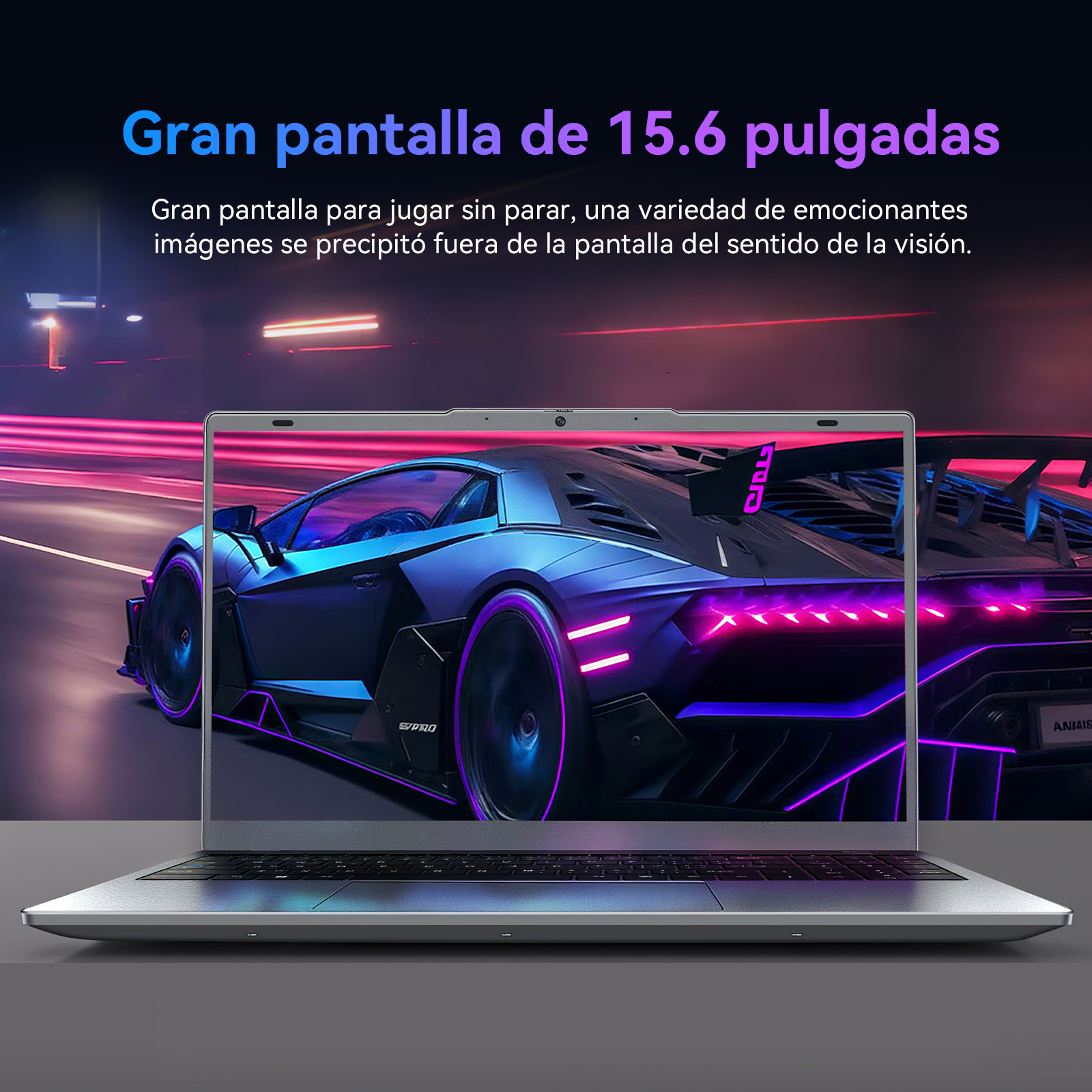 Pantalla de laptop muestra una escena de carreras de autos. Un portátil en un fondo oscuro.