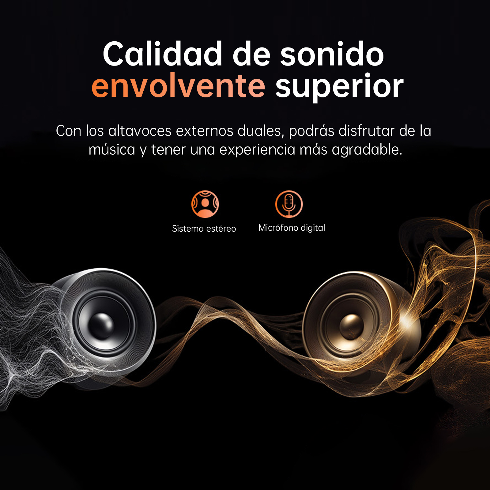 Dos altavoces y un micrófono digital sobre un fondo negro con líneas onduladas.