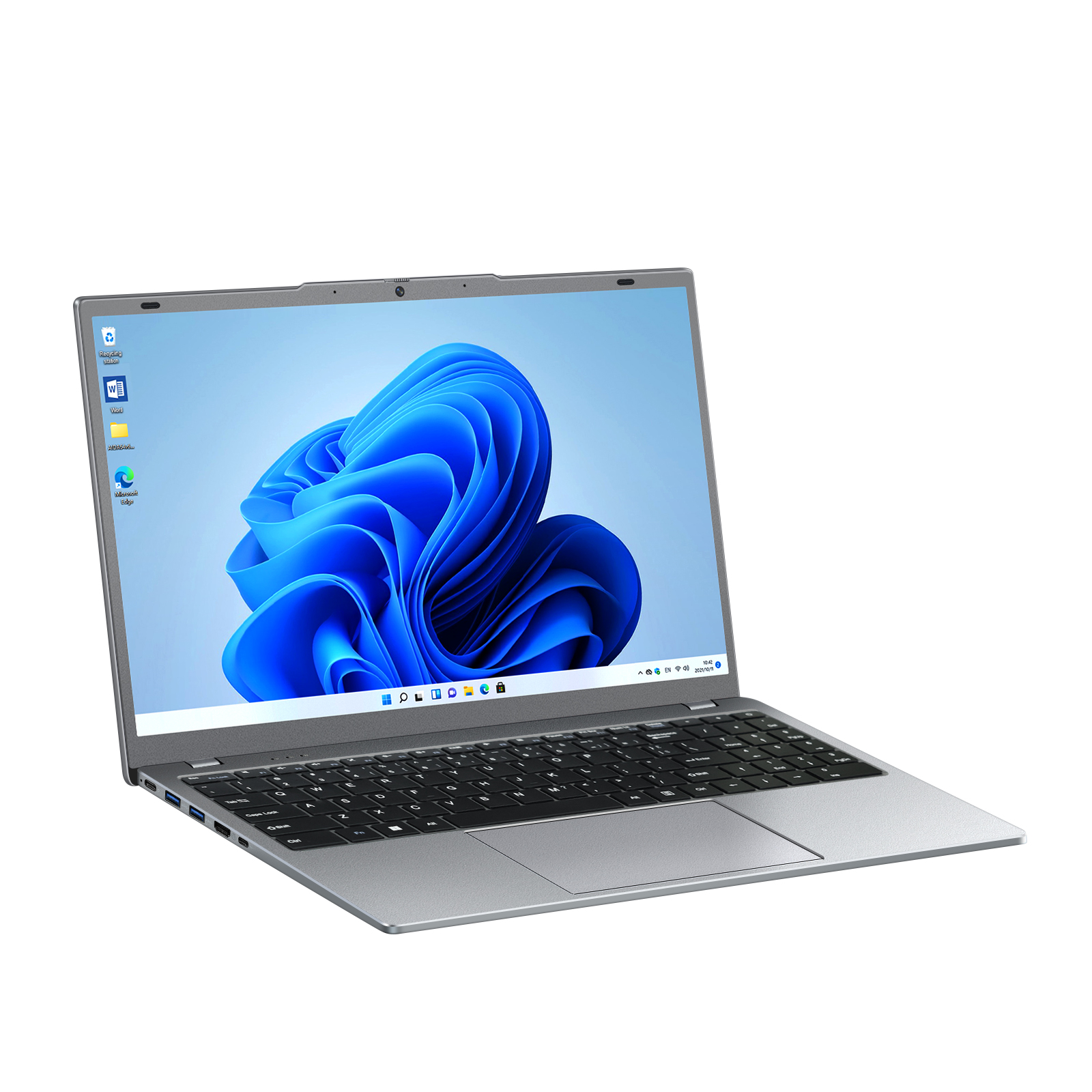 Portátil, abierto, mostrando un fondo azul de Windows. El portátil es plateado con teclado y panel táctil negros.