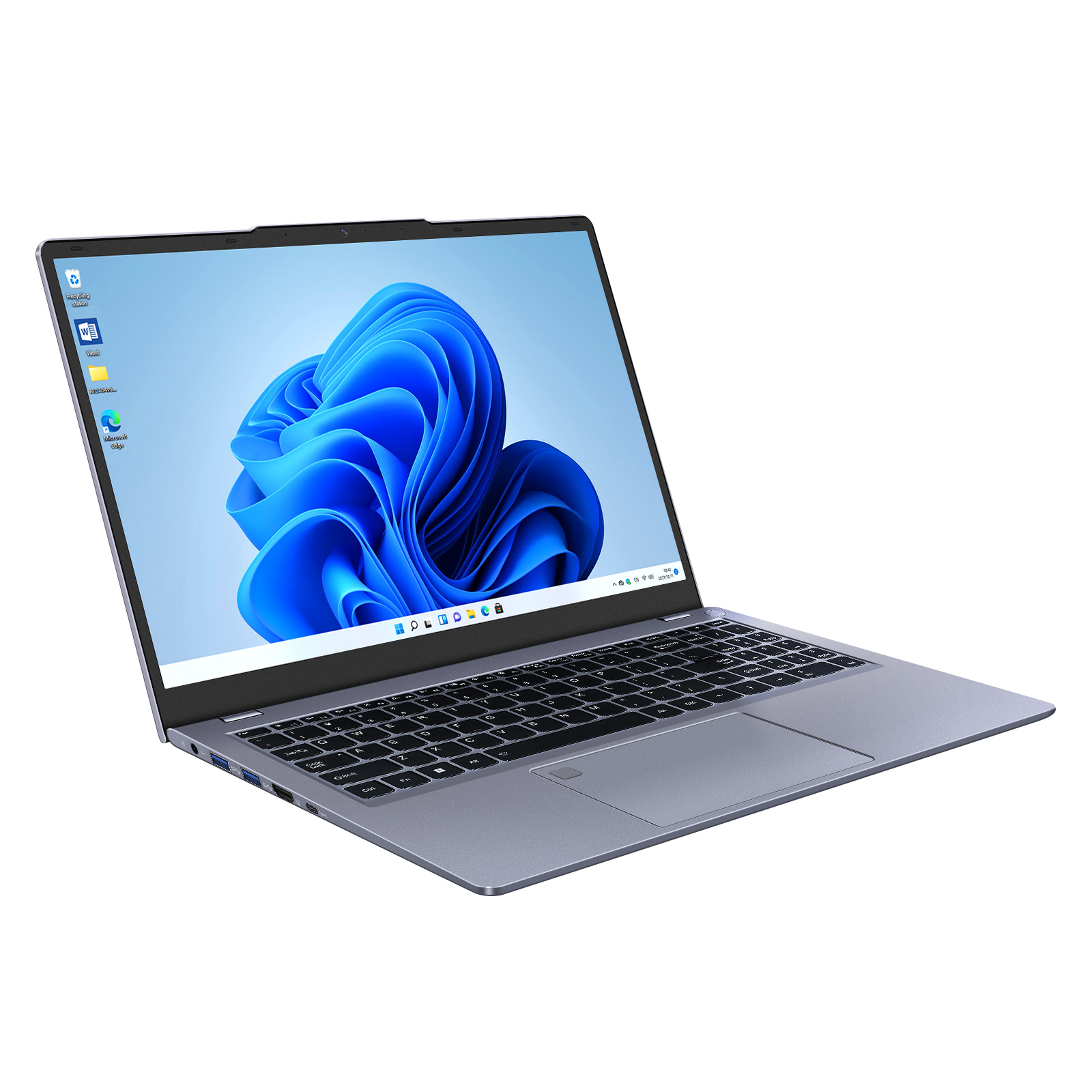 Una laptop plateada está abierta, mostrando un fondo de pantalla azul de Windows 11. Hay iconos a la izquierda y se ve el teclado.