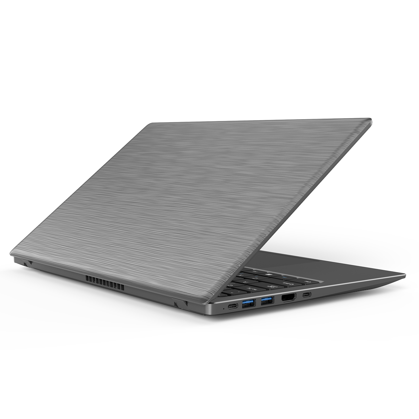 Parte trasera de una laptop plateada con patrón texturizado, mostrando la bisagra y los puertos.
