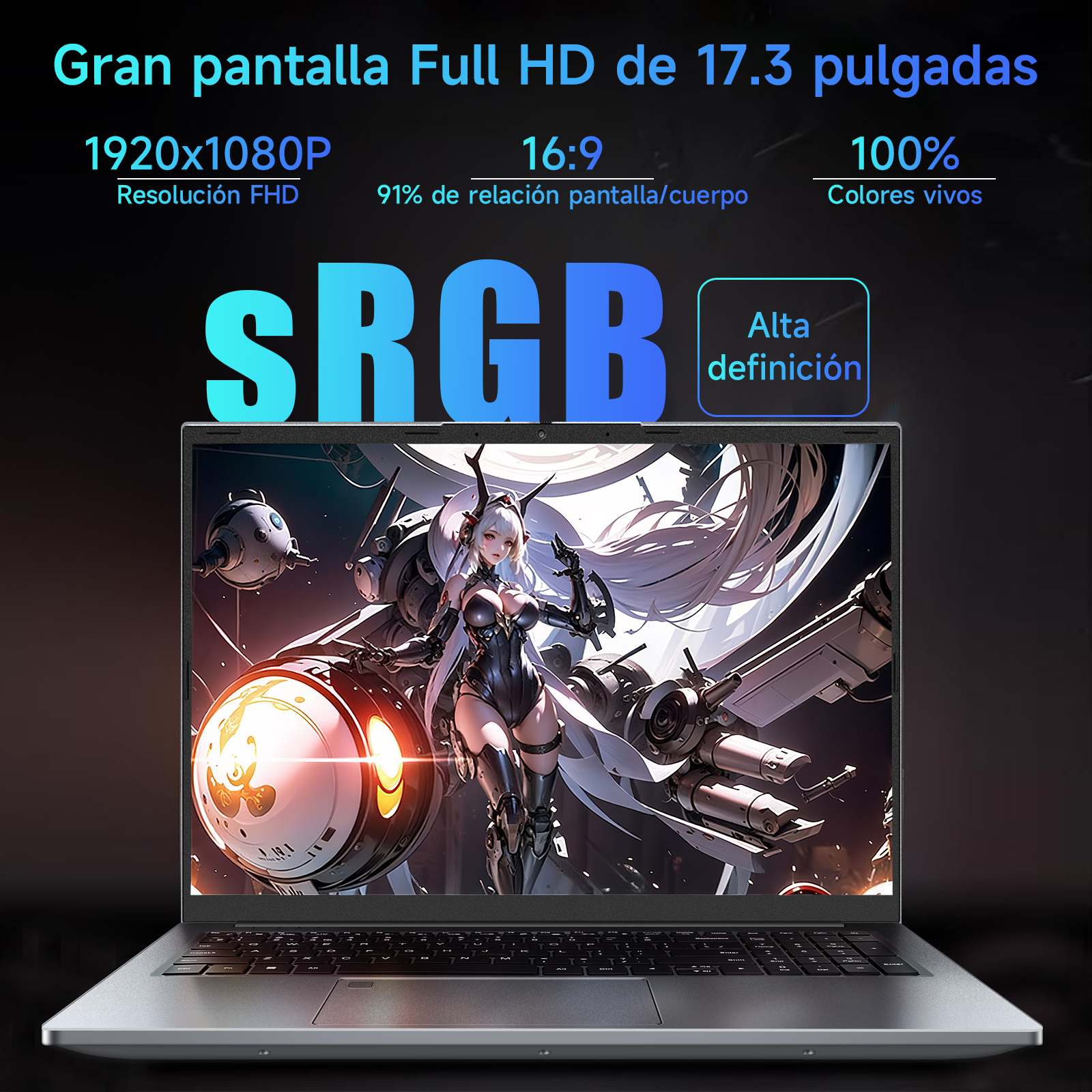 Pantalla de laptop que muestra un personaje de estilo anime. También se muestra información sobre la pantalla.