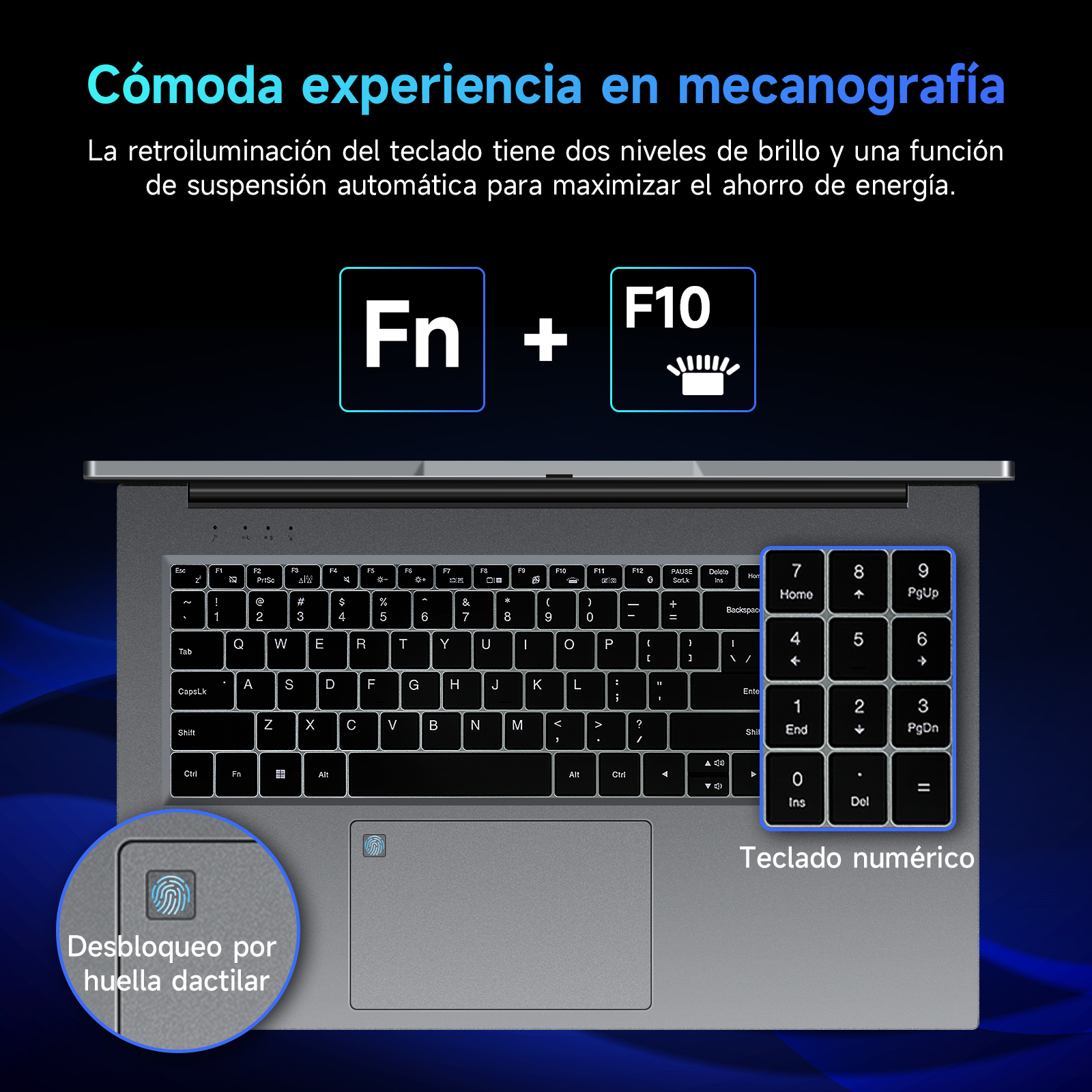 Teclado de portátil con sensor de huellas dactilares. Texto: Cómoda experiencia de mecanografía en tipografía.