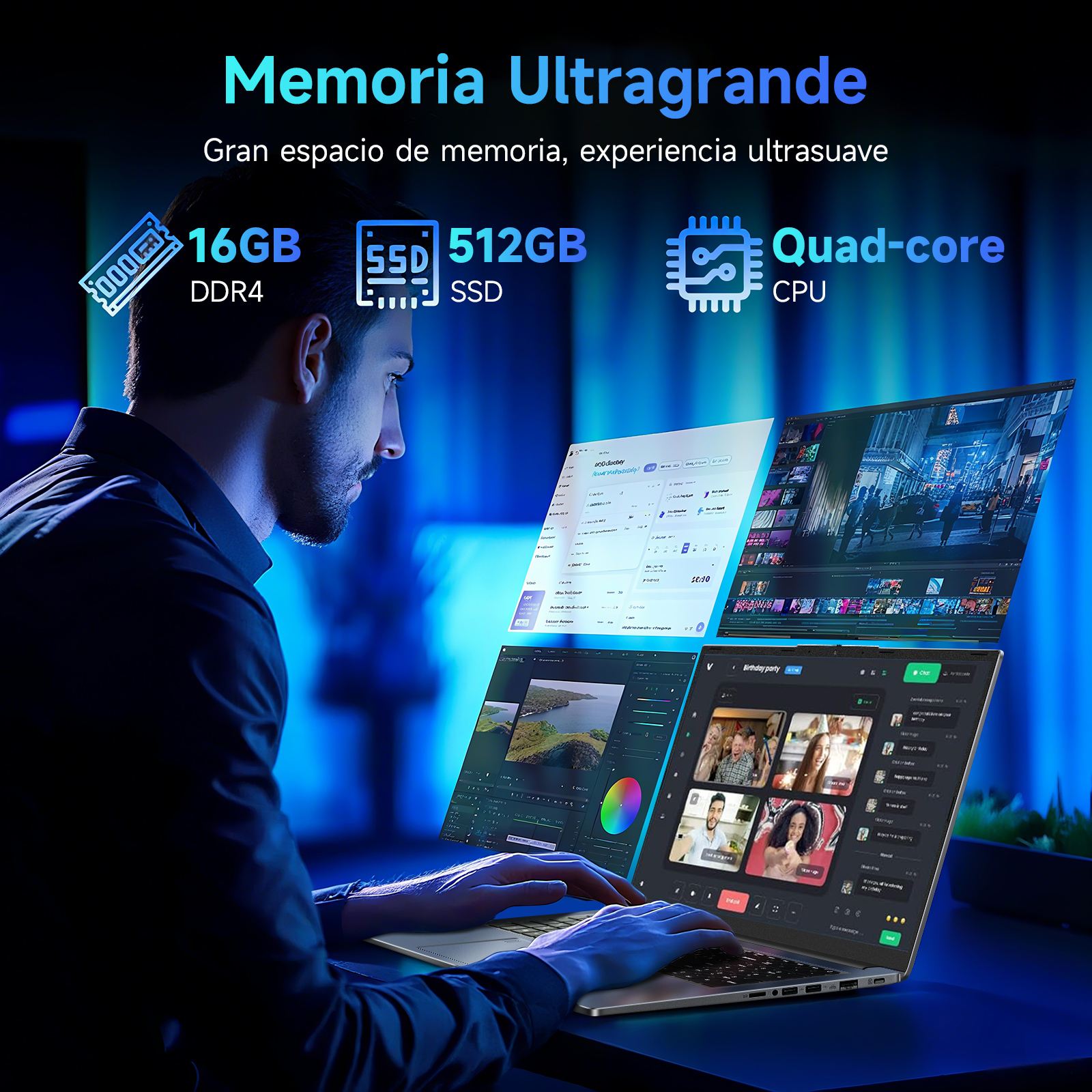 Una persona usando una laptop, mostrando aplicaciones en dos pantallas. El fondo es azul.