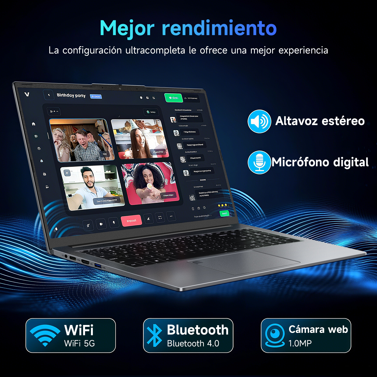 Pantalla de portátil mostrando una videollamada. Texto: Mejor rendimiento. Altavoz estéreo, micrófono digital.