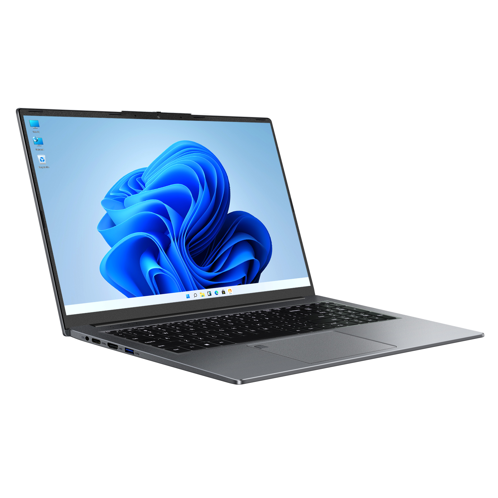 Laptop con pantalla azul y teclado. La pantalla muestra un remolino azul.