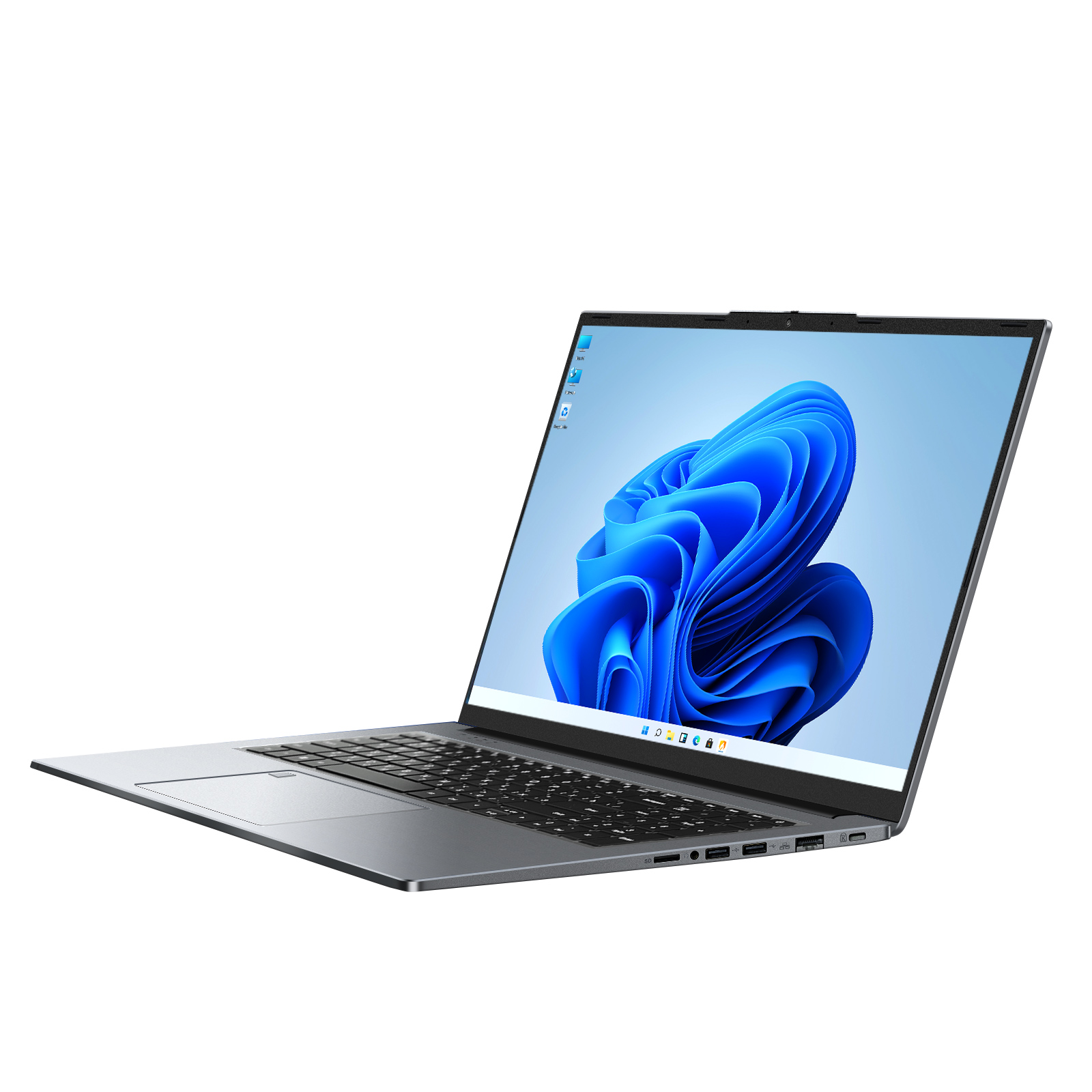Laptop plateado con pantalla abierta. La pantalla muestra una imagen abstracta azul sobre fondo blanco.