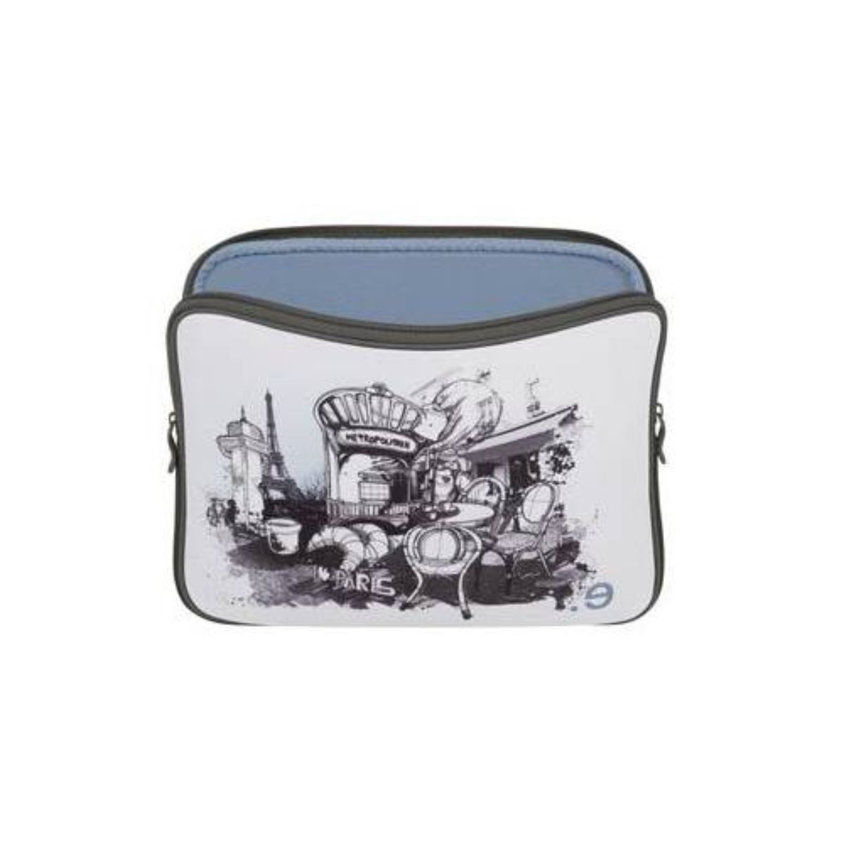 Weiße Laptop-Tasche mit Pariser Szene-Skizze. Eiffelturm, Cafétische und Stühle sowie Text.