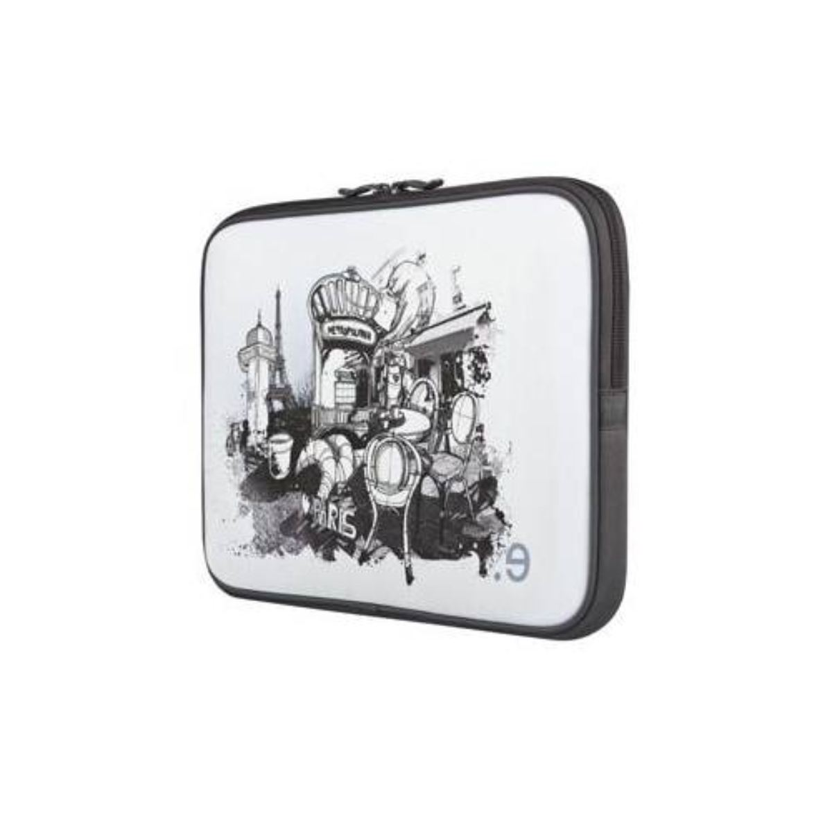 Laptoptasche mit einer schwarz-weißen Illustration einer Pariser Szene.
