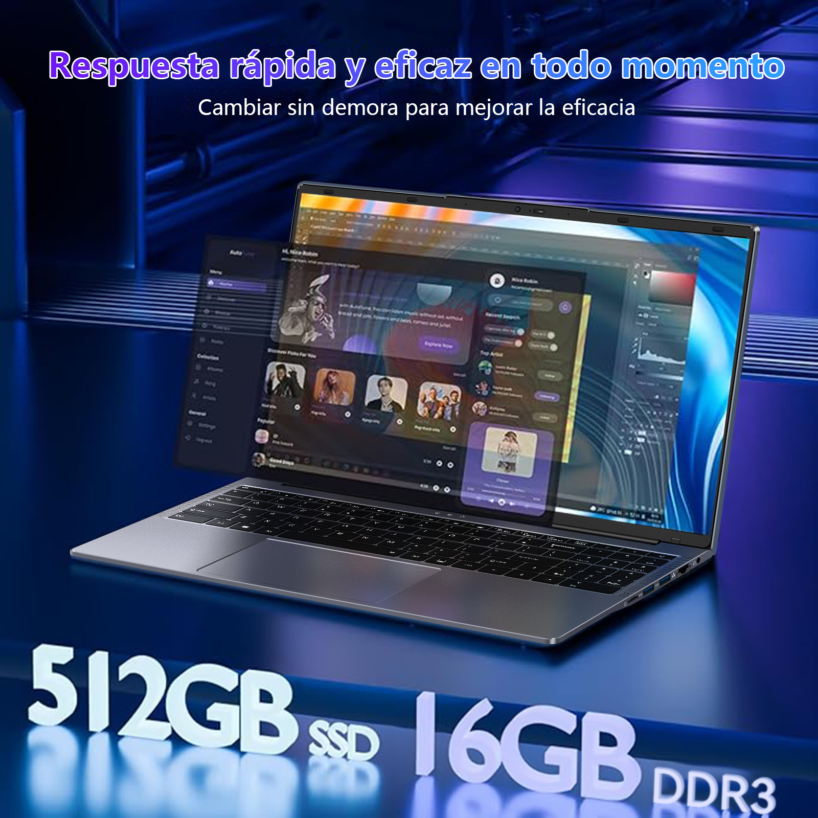 Portátil mostrando una interfaz musical con 512 GB SSD y 16 GB DDR3, sobre un gradiente azul.
